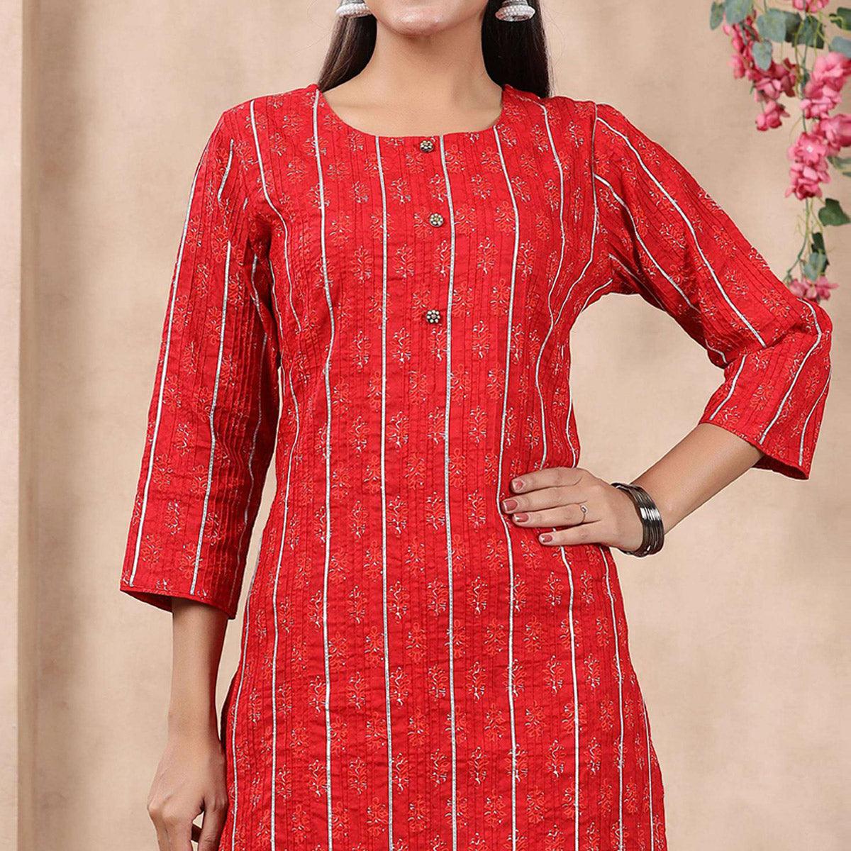 Red Casual Wear Printed Cotton Kurti - Pant Set - Peachmode