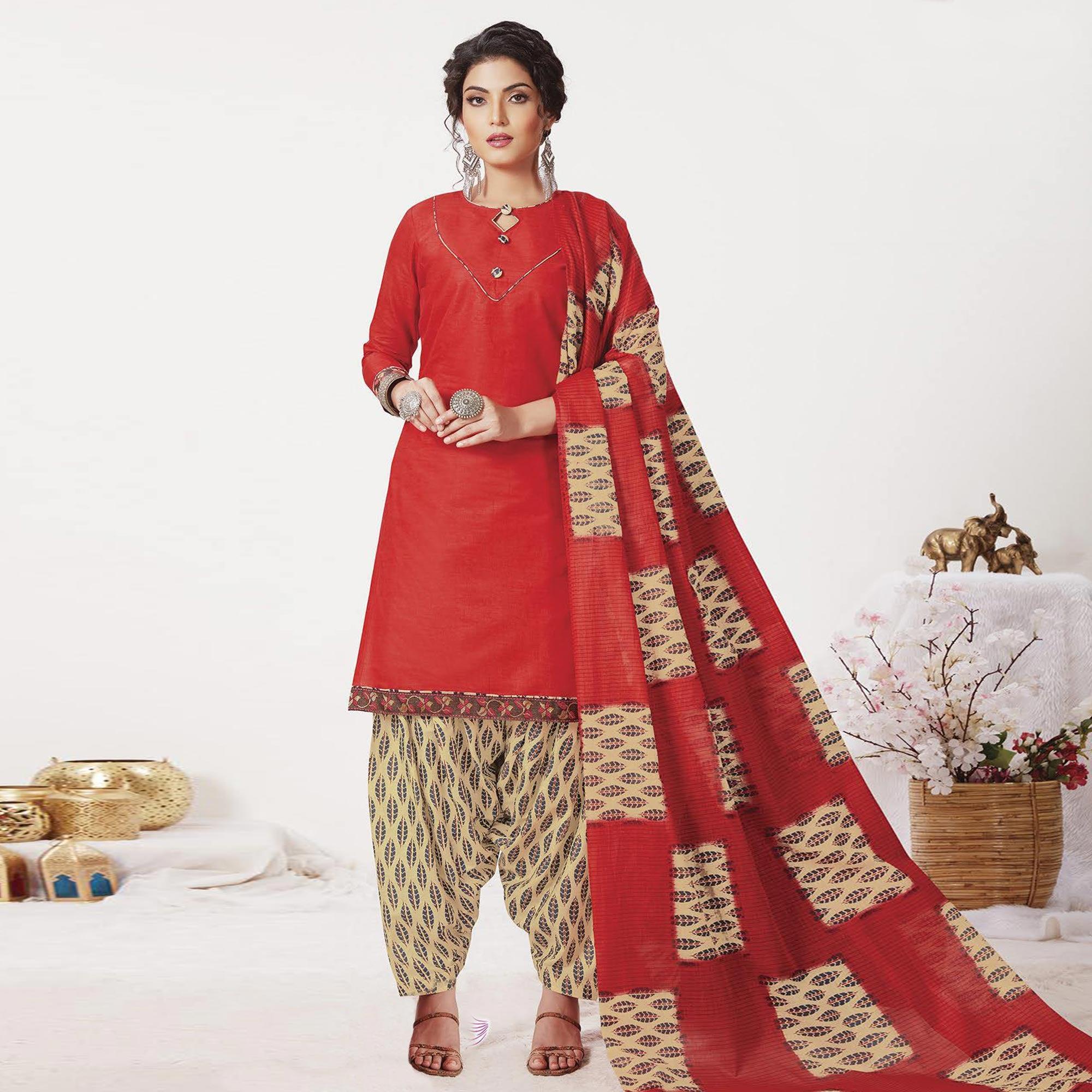 Red Casual Wear Printed Cotton Patiala Dress Material - Peachmode