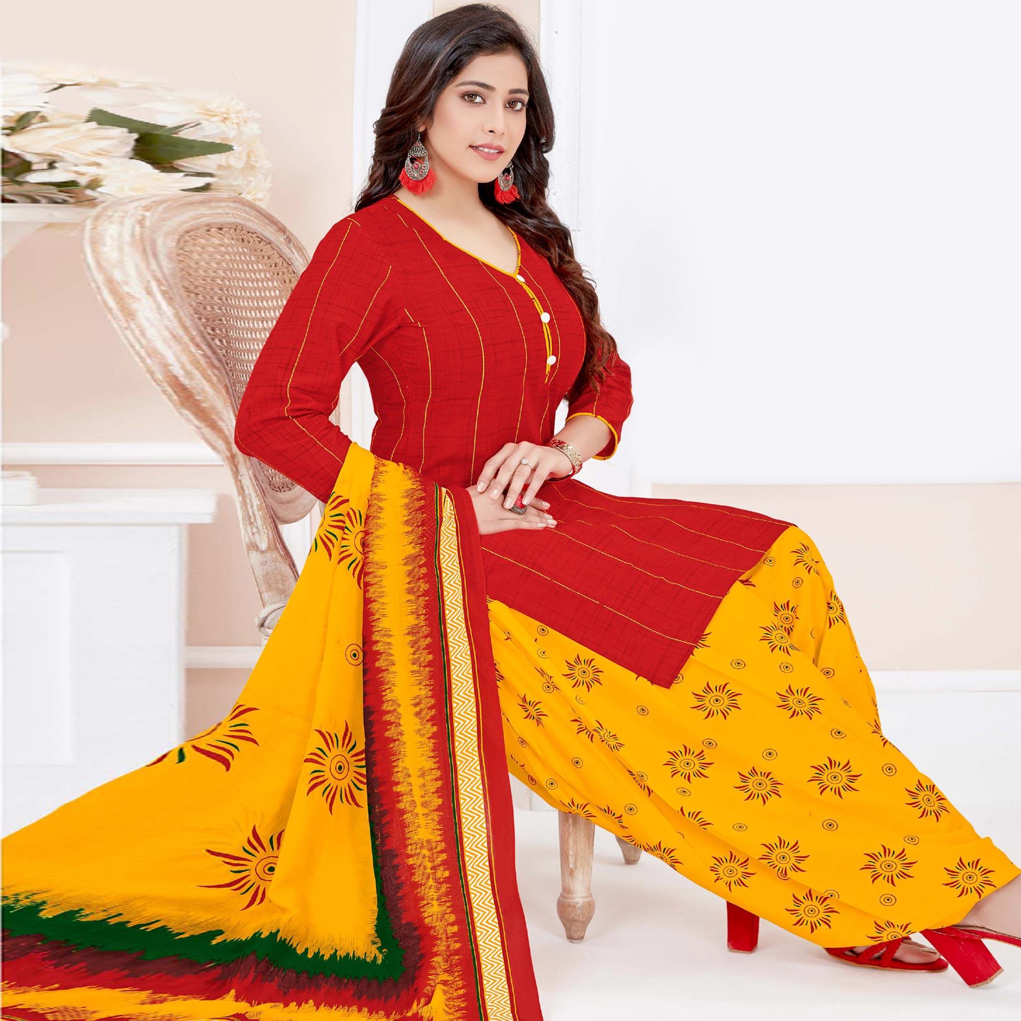 Red Casual Wear Printed Cotton Patiala Dress Material - Peachmode