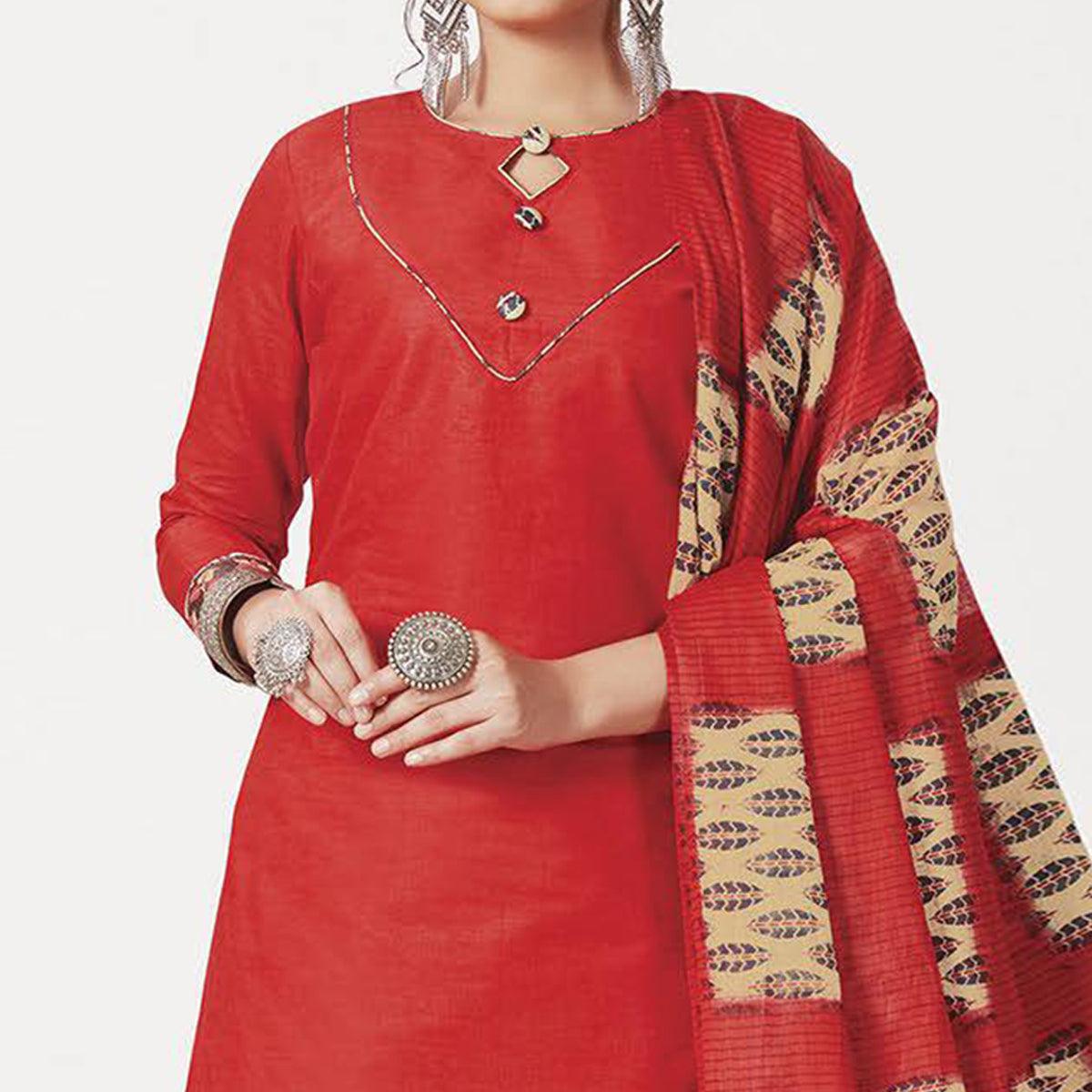 Red Casual Wear Printed Cotton Patiala Dress Material - Peachmode