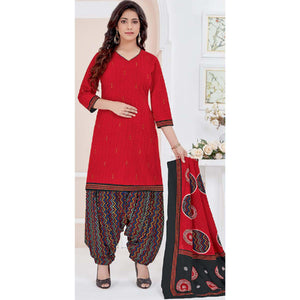 Red Casual Wear Printed Cotton Patiala Dress Material - Peachmode