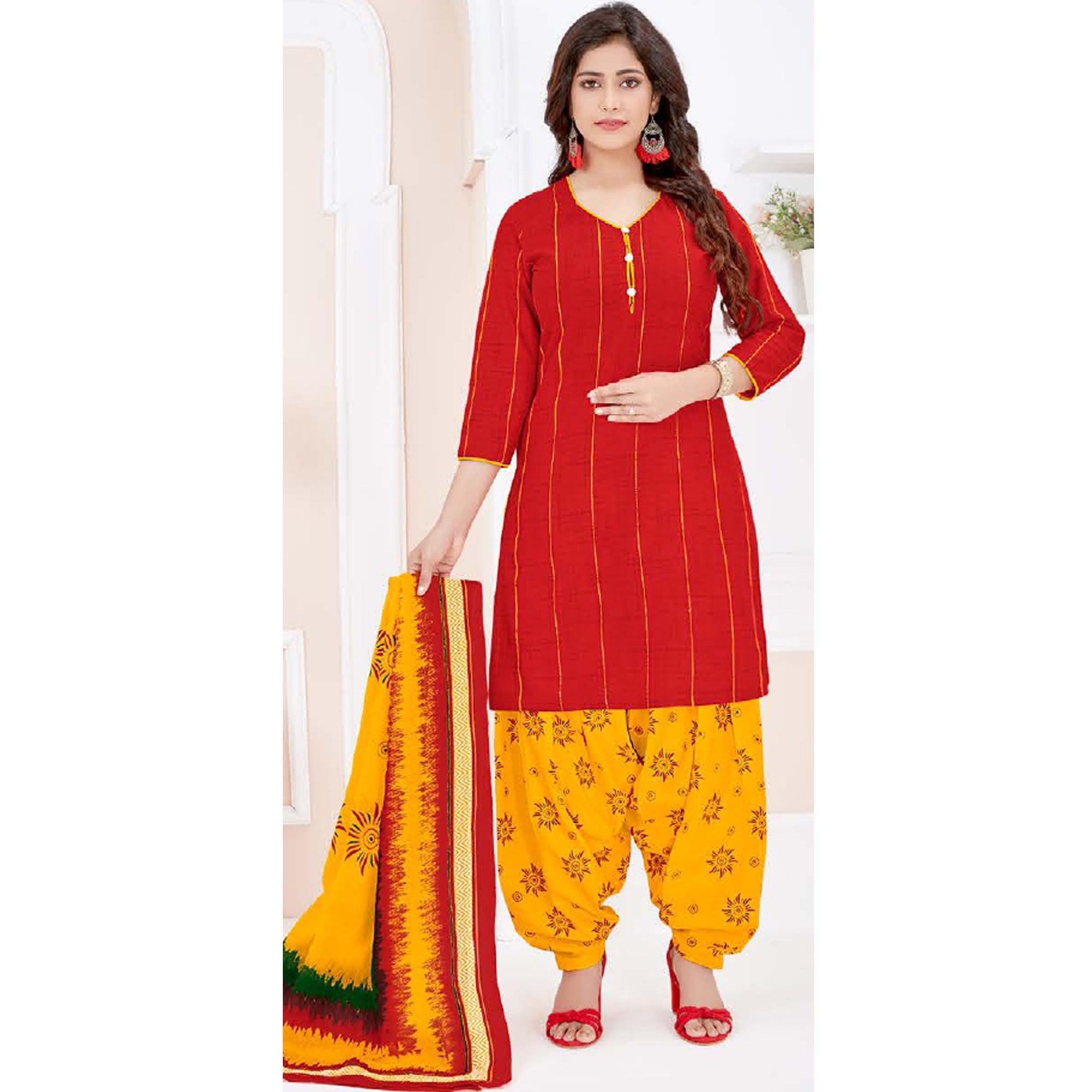 Red Casual Wear Printed Cotton Patiala Dress Material - Peachmode