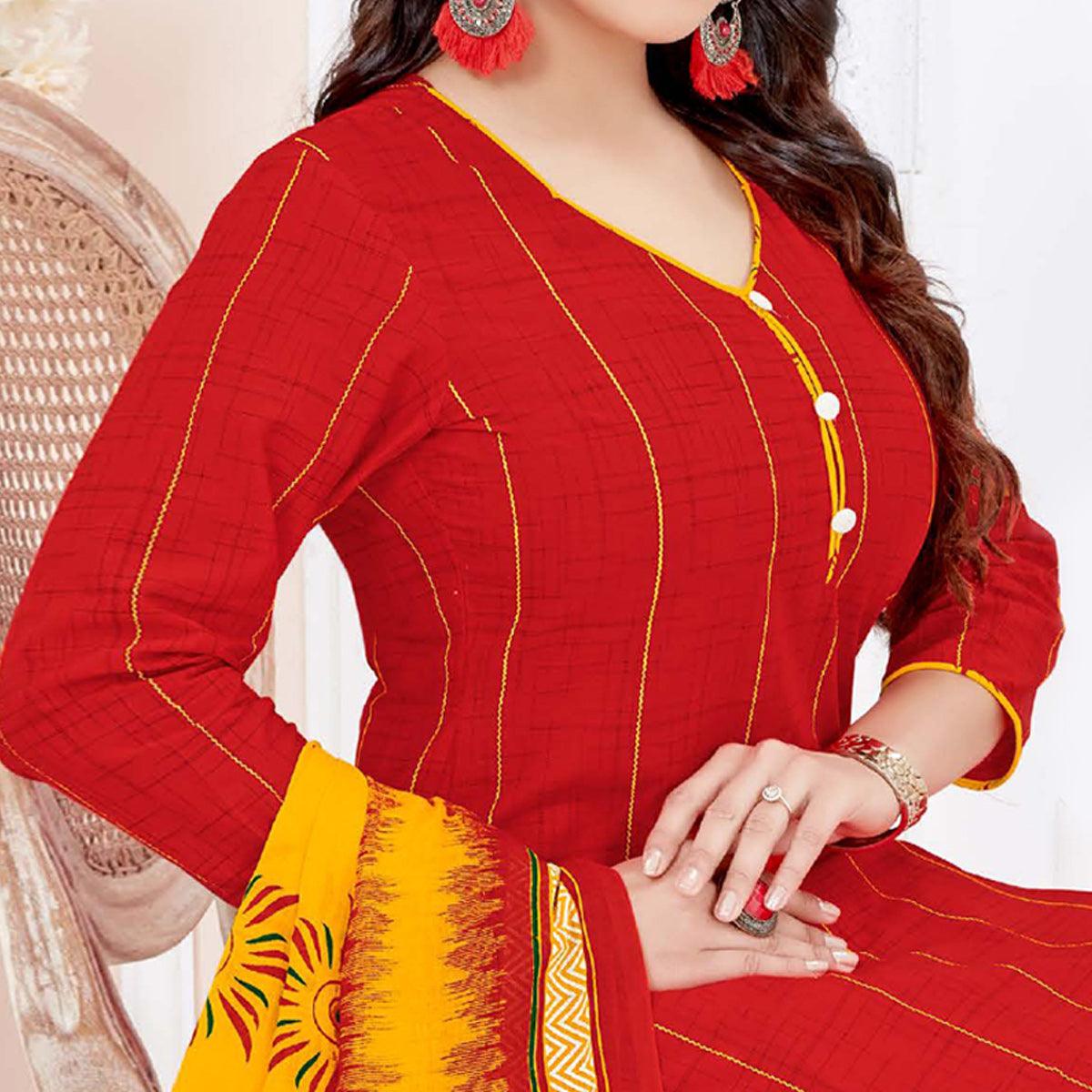Red Casual Wear Printed Cotton Patiala Dress Material - Peachmode
