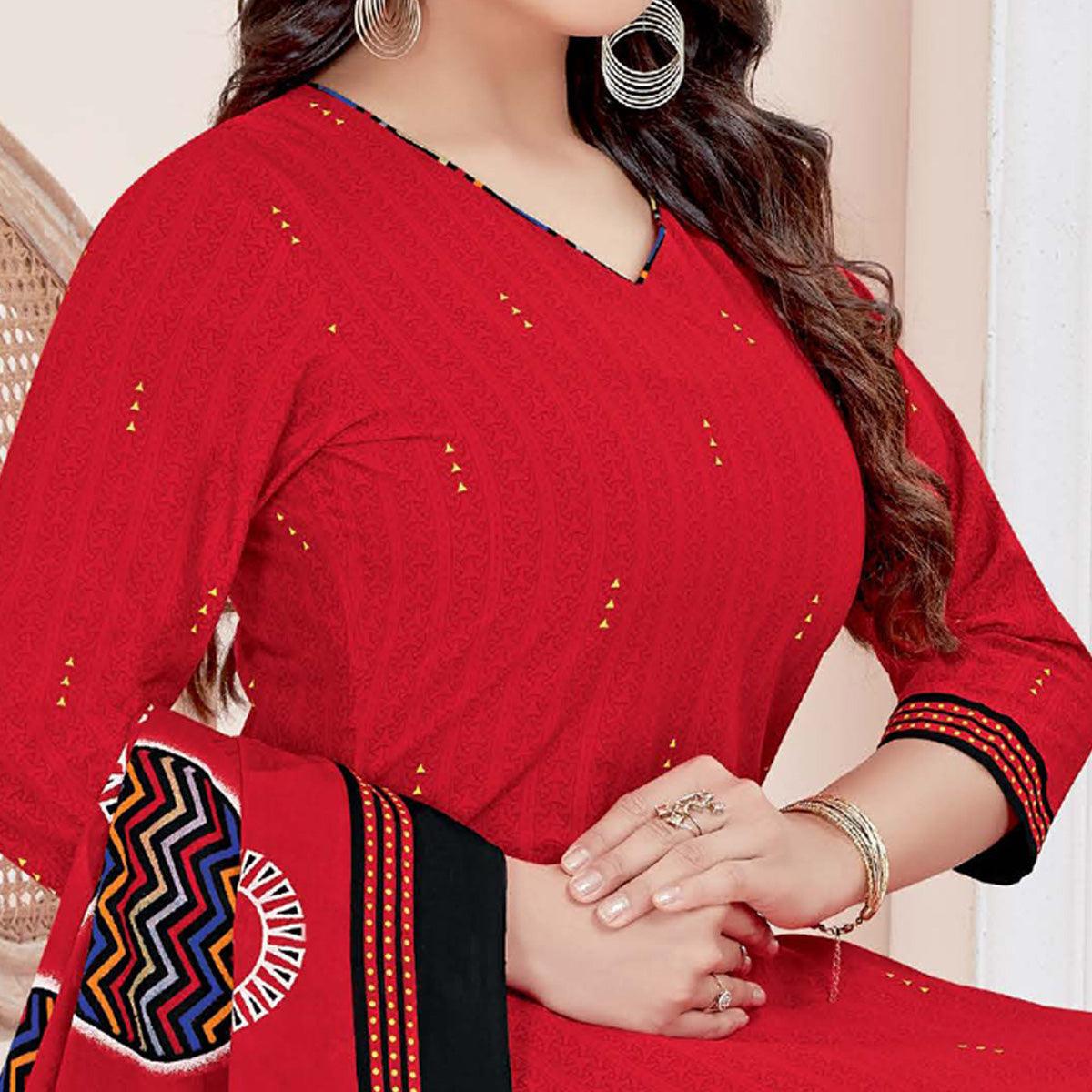 Red Casual Wear Printed Cotton Patiala Dress Material - Peachmode