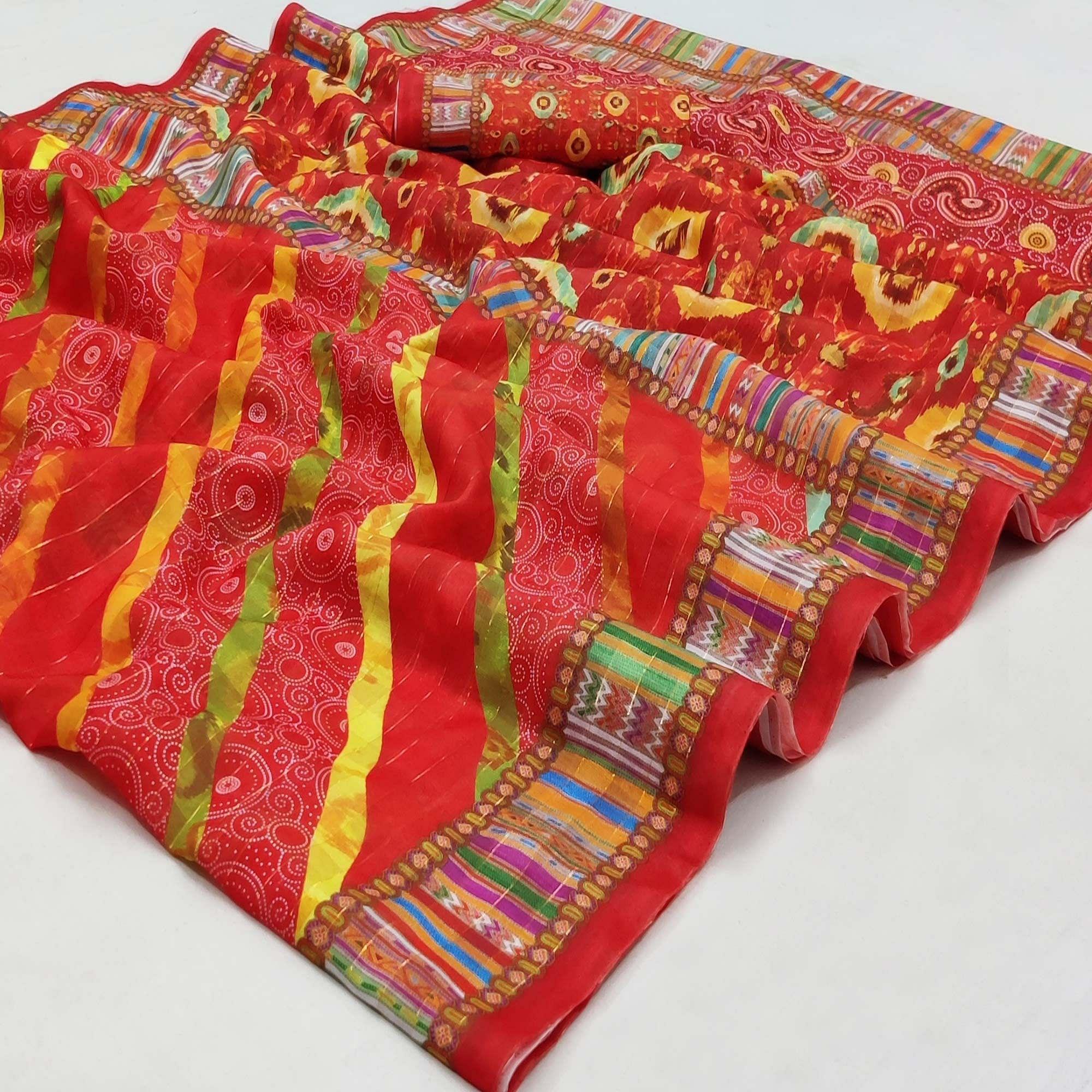 Red Casual Wear Printed Cotton Silk Saree - Peachmode