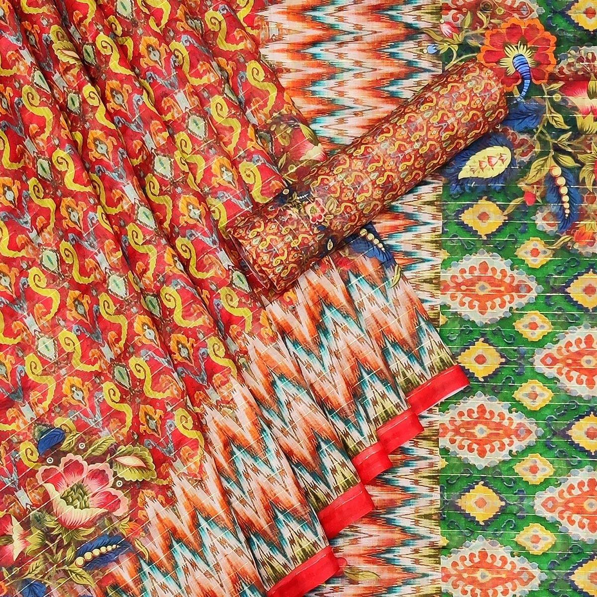 Red Casual Wear Printed Cotton Silk Saree - Peachmode