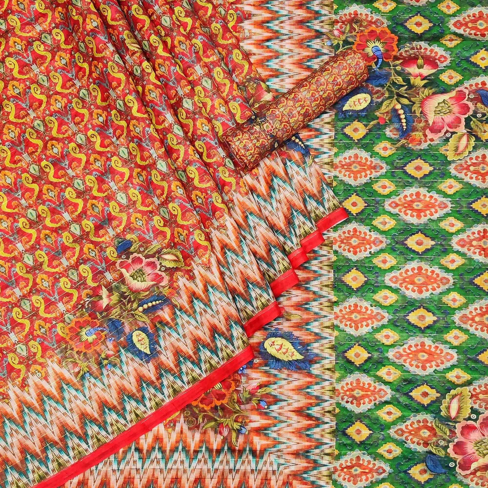 Red Casual Wear Printed Cotton Silk Saree - Peachmode