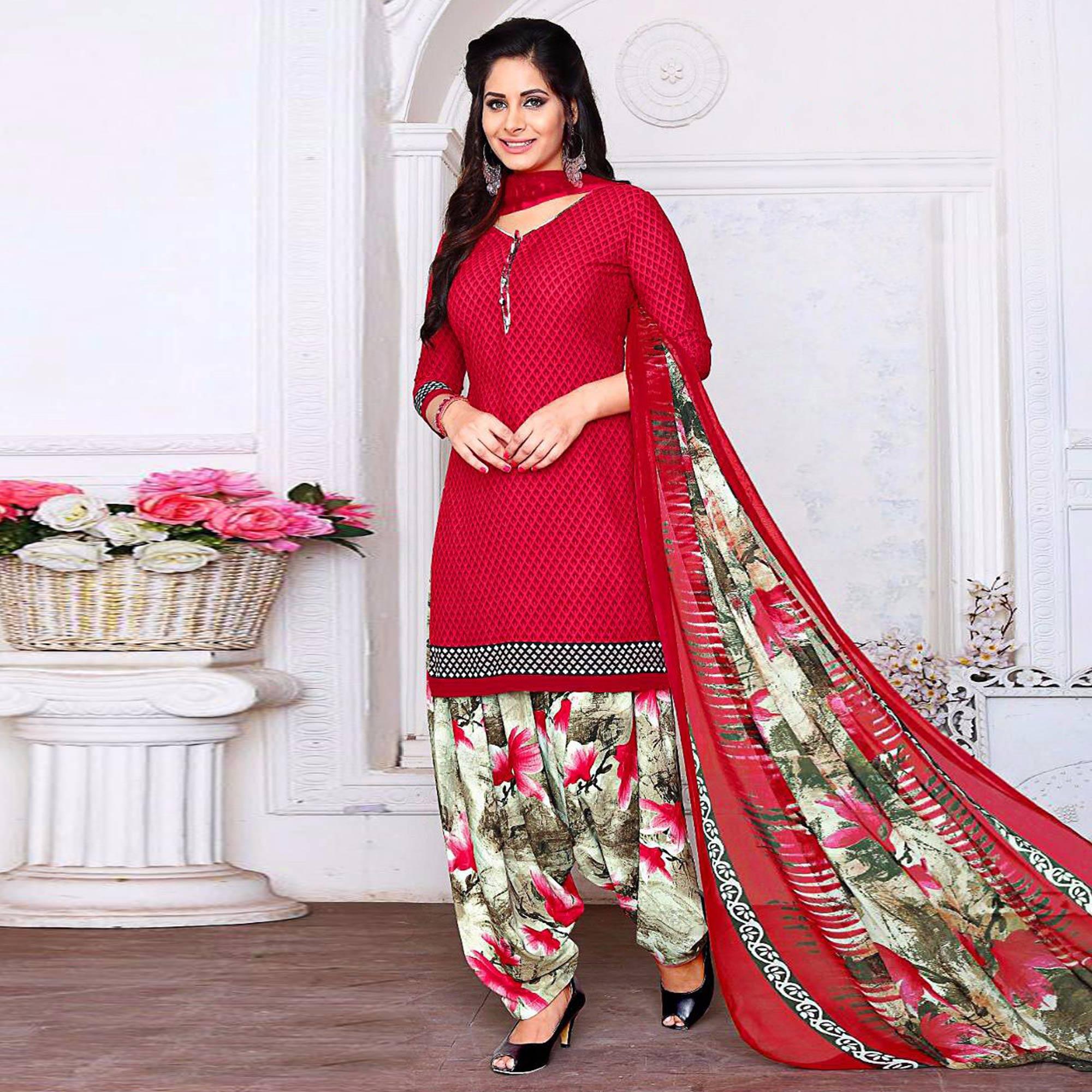 Red Casual Wear Printed Crepe Patiala Dress Material - Peachmode
