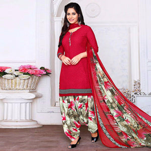 Red Casual Wear Printed Crepe Patiala Dress Material - Peachmode
