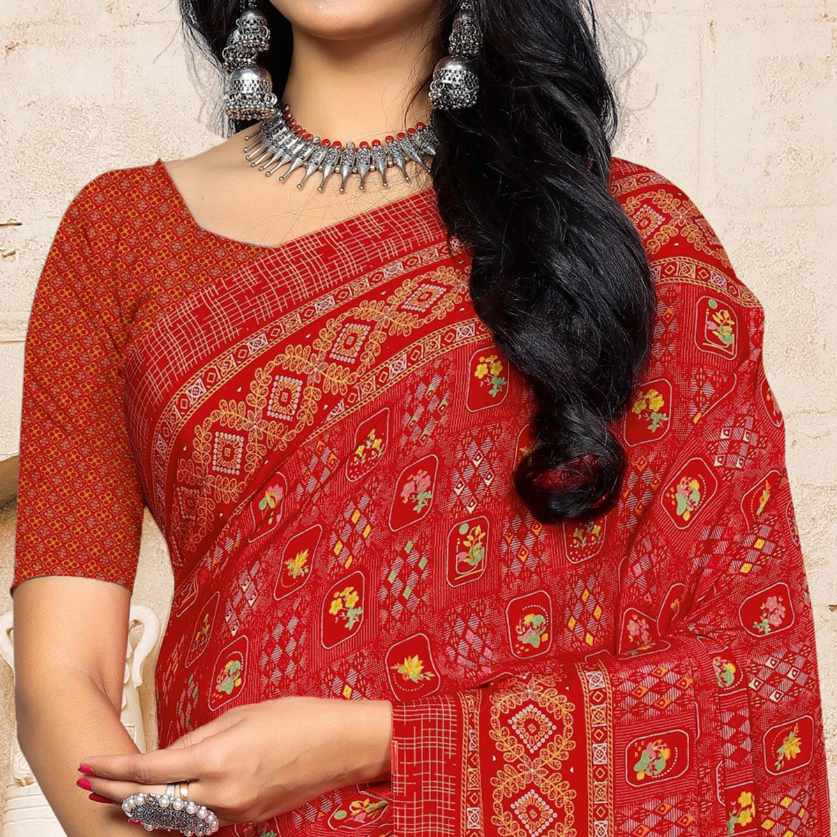 Red Casual Wear Printed Crepe Saree - Peachmode