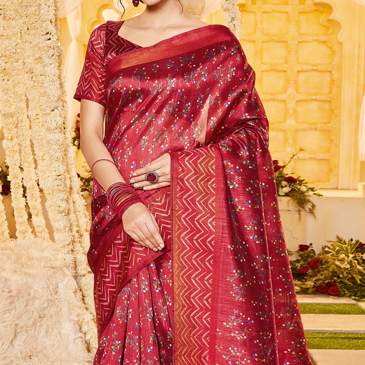 Red Casual Wear Printed Crystal Silk Saree - Peachmode