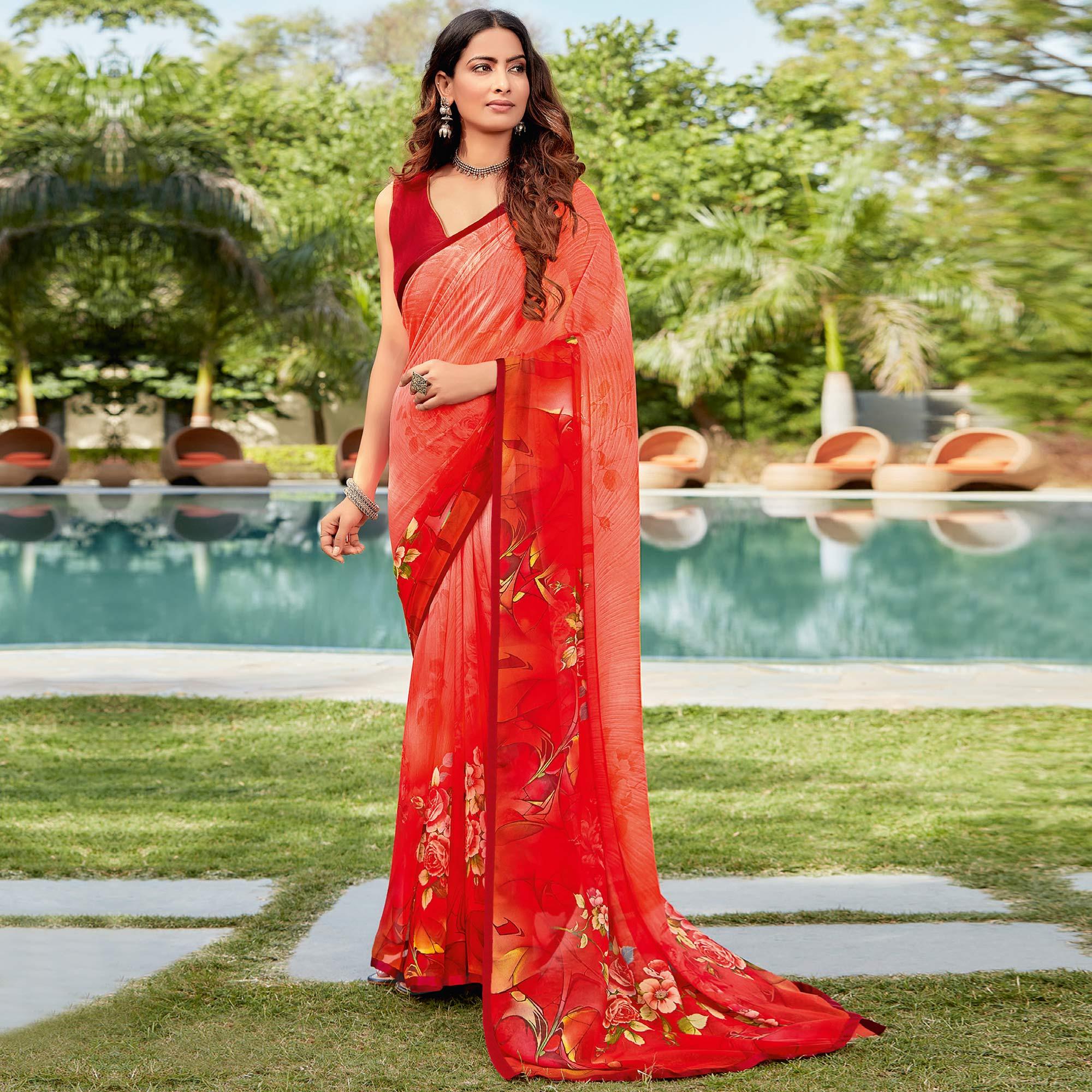 Red Casual Wear Printed Georgette Saree - Peachmode