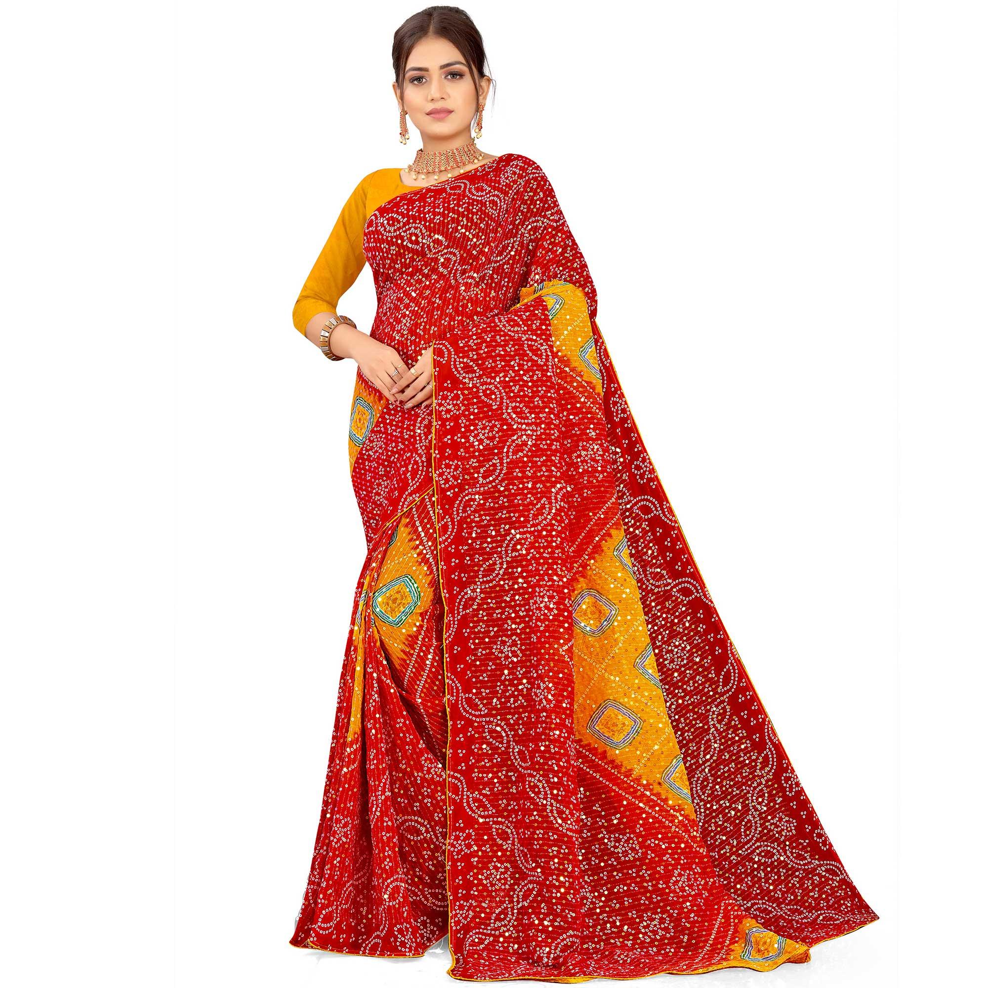 Red Casual Wear Printed Georgette Saree - Peachmode