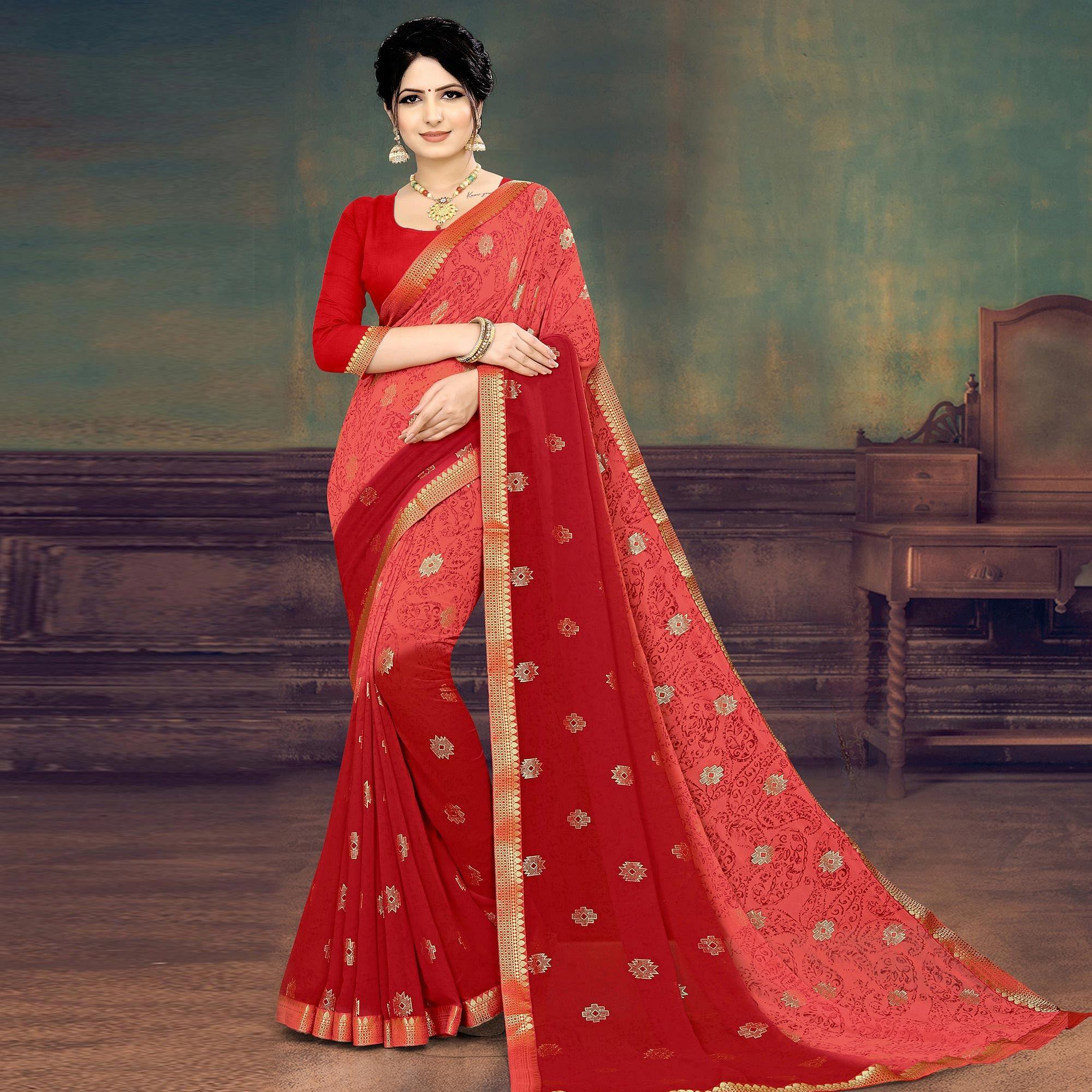 Red Casual Wear Printed Half Half Georgette Designer Saree - Peachmode