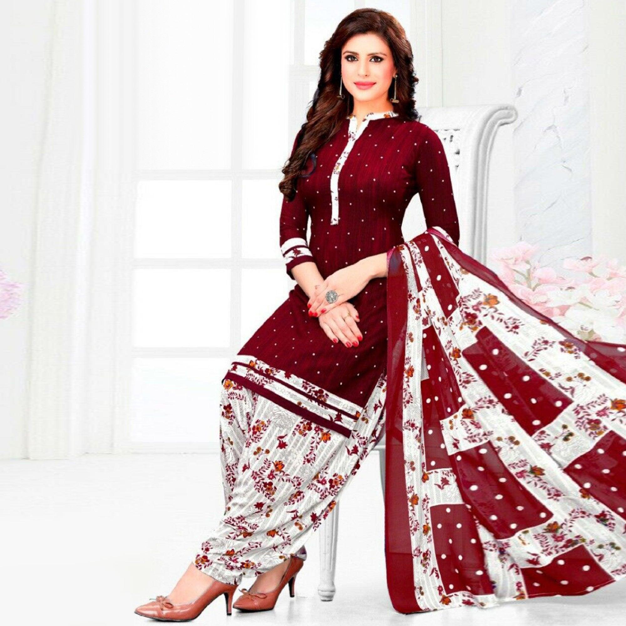 Red Casual Wear Printed Leon Patiala Dress Material - Peachmode