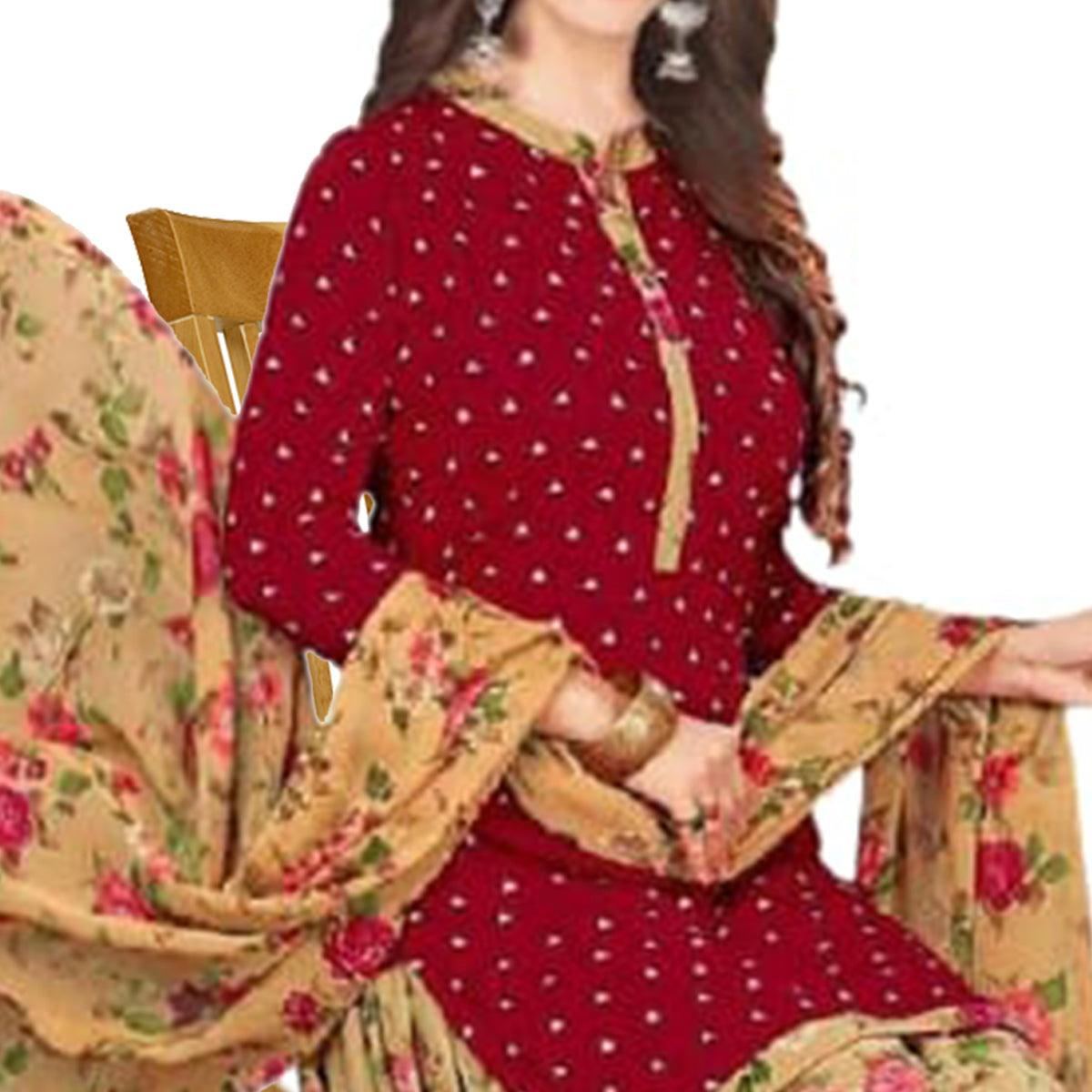Red Casual Wear Printed Leon Patiala Dress Material - Peachmode