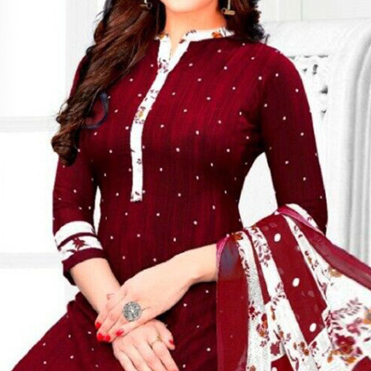 Red Casual Wear Printed Leon Patiala Dress Material - Peachmode