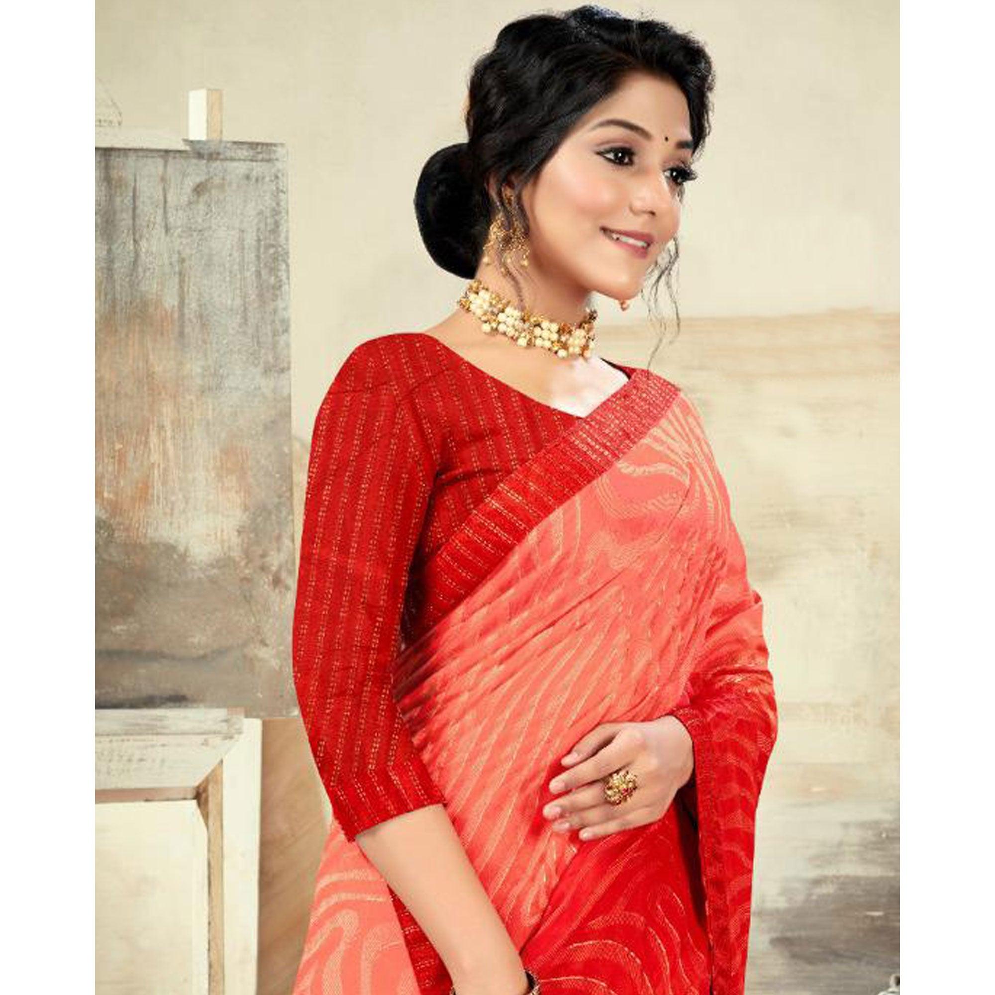 Red Casual Wear Printed Moss Chiffon Saree - Peachmode