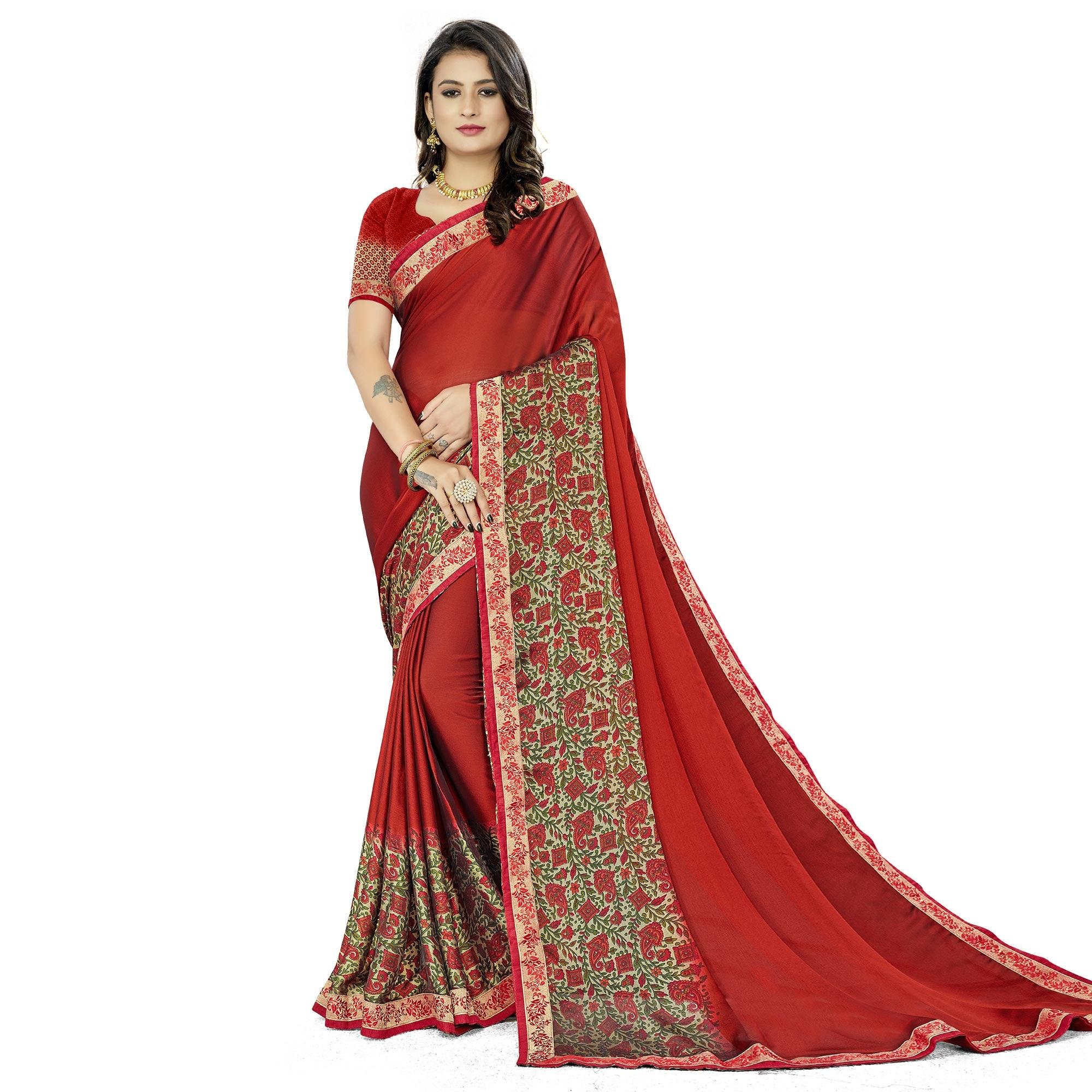 Red Casual Wear Printed Rangoli Silk Saree - Peachmode