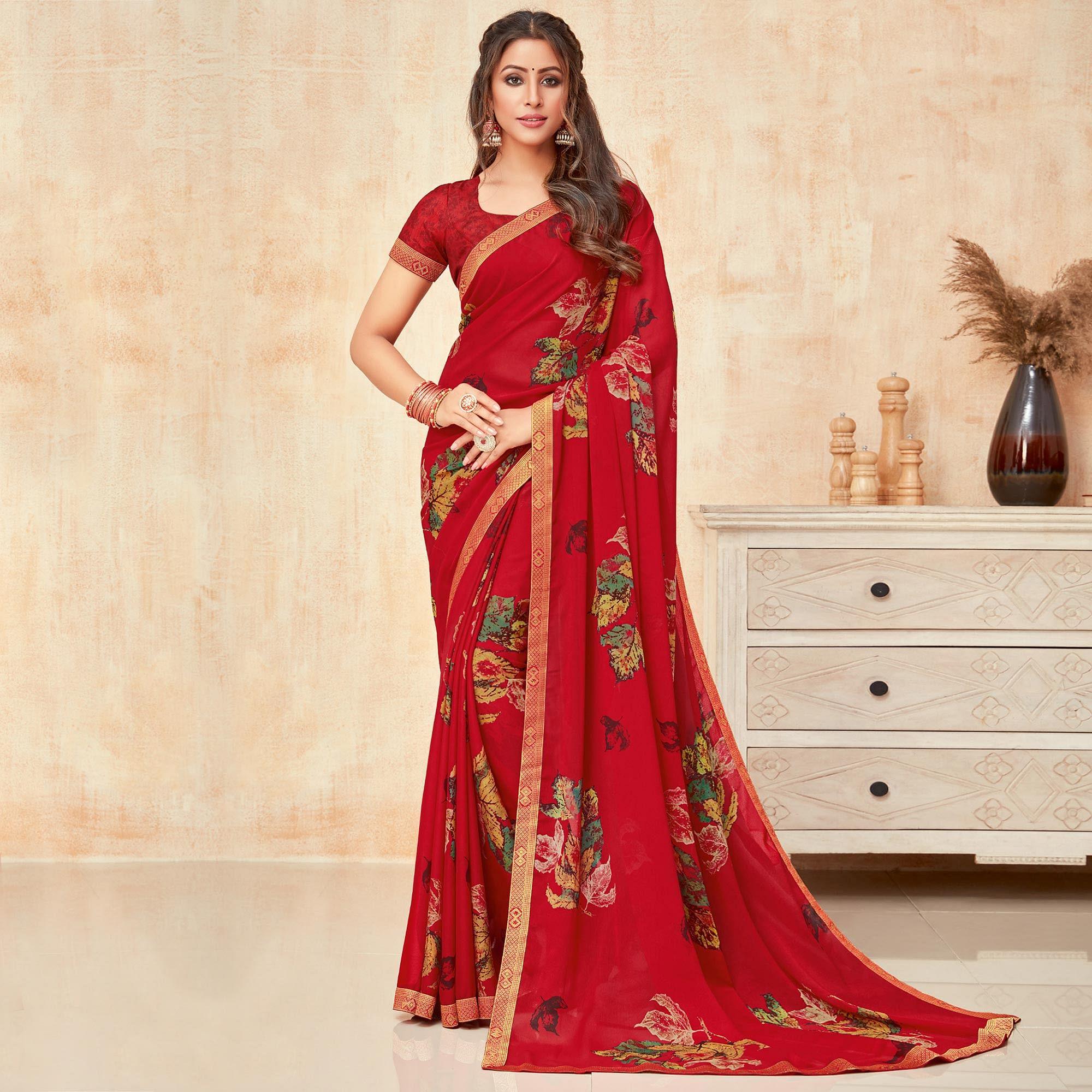 Red Casual Wear Printed Silk Georgette Saree - Peachmode