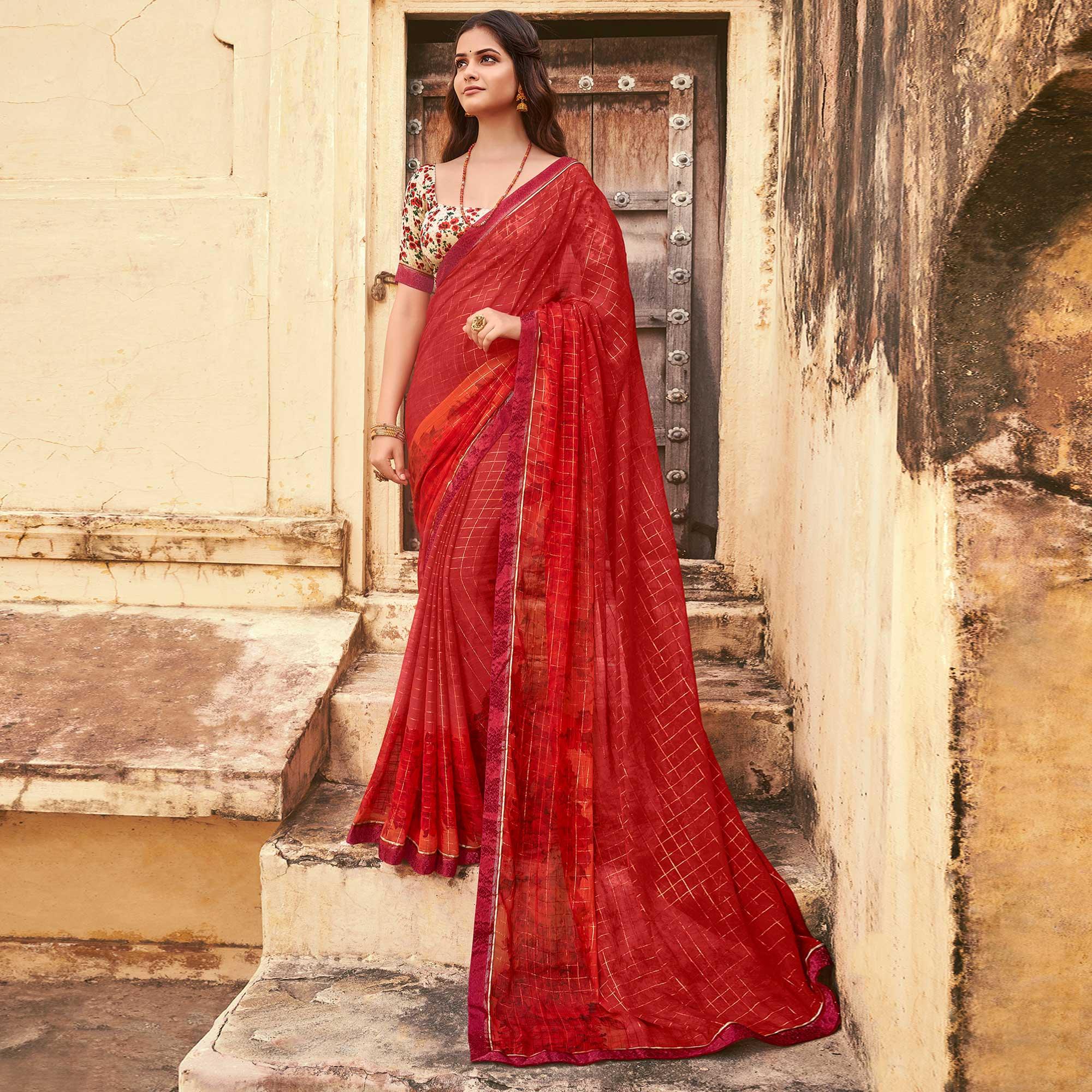 Red Casual Wear Printed Silk Saree - Peachmode
