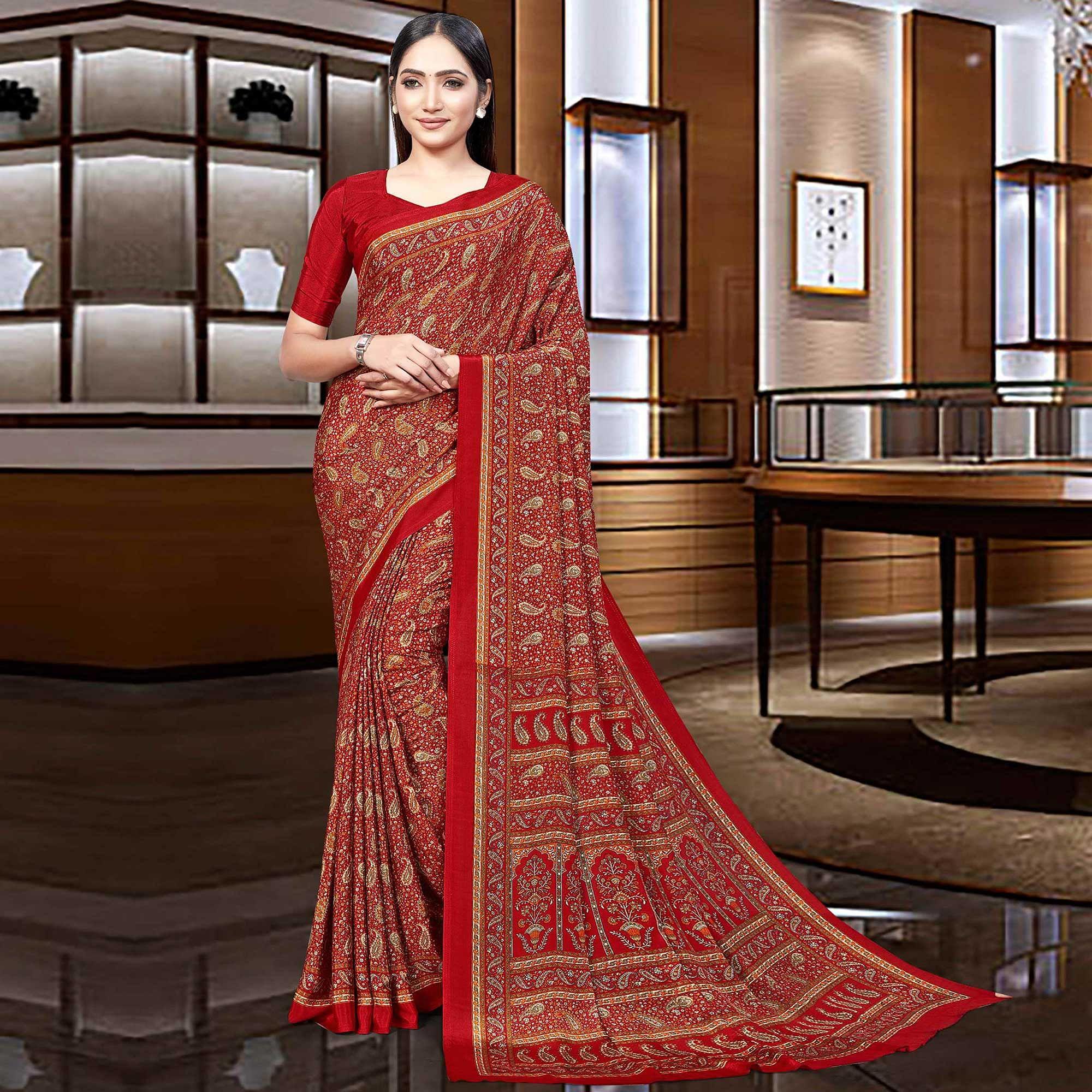 Red Casual Wear Printed Silk Saree - Peachmode