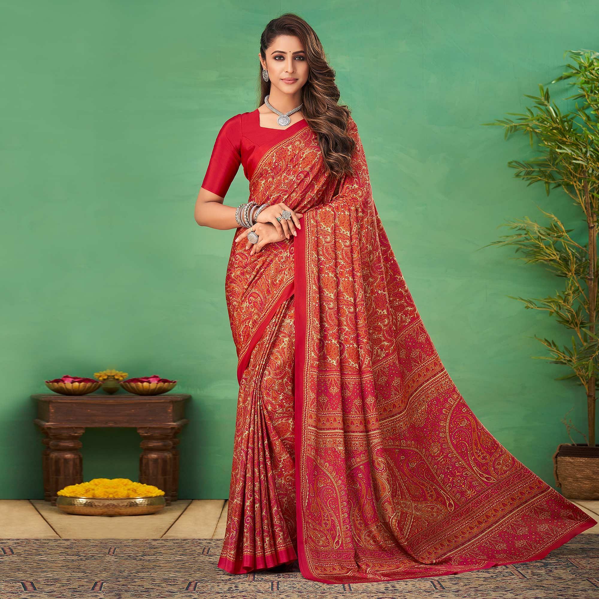 Red Casual Wear Printed Silk Saree - Peachmode