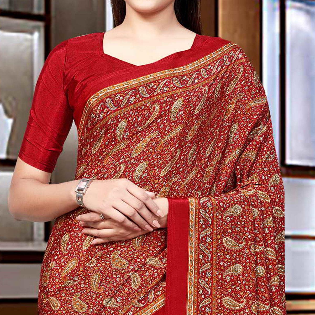Red Casual Wear Printed Silk Saree - Peachmode