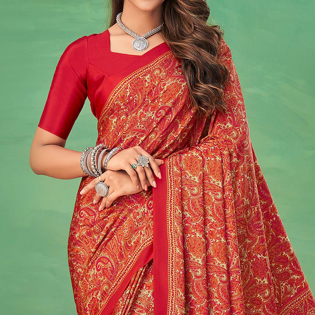 Red Casual Wear Printed Silk Saree - Peachmode
