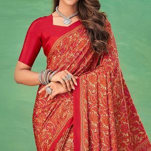 Red Casual Wear Printed Silk Saree - Peachmode