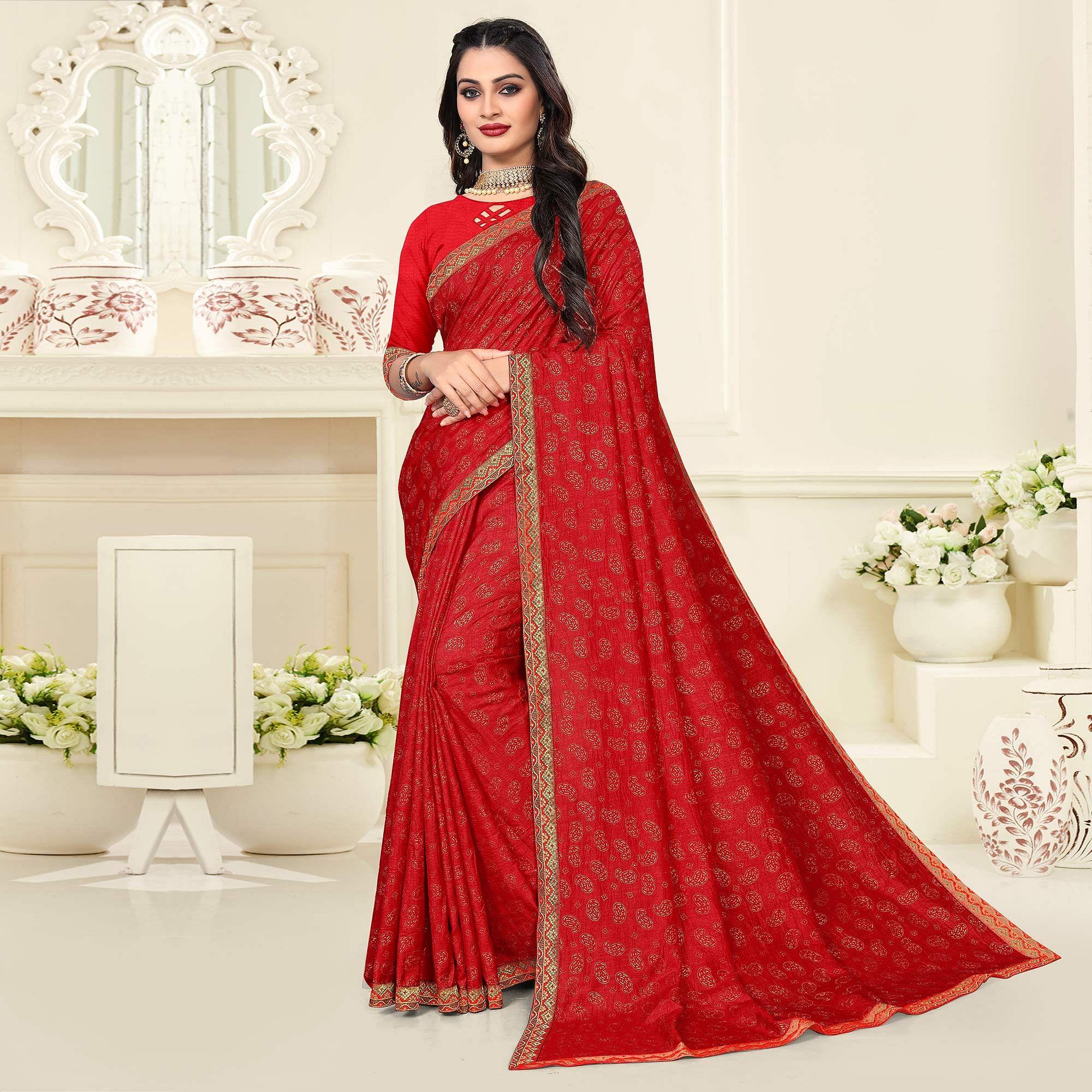 Red Casual Wear Printed Vichitra Silk Saree - Peachmode