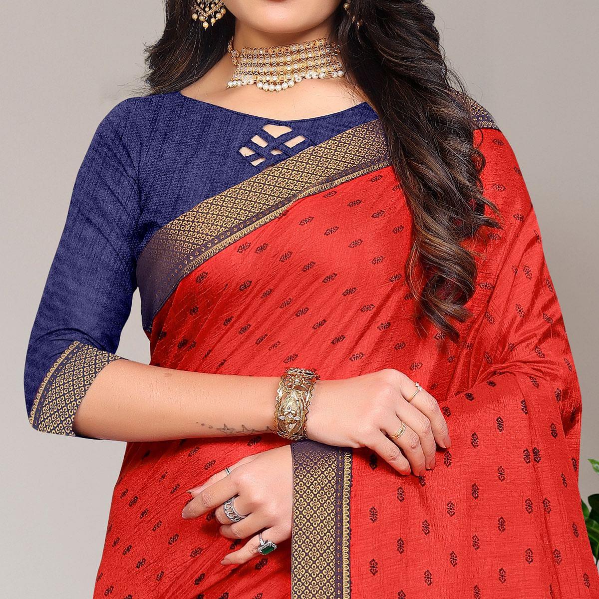 Red Casual Wear Printed Vichitra Silk Saree - Peachmode