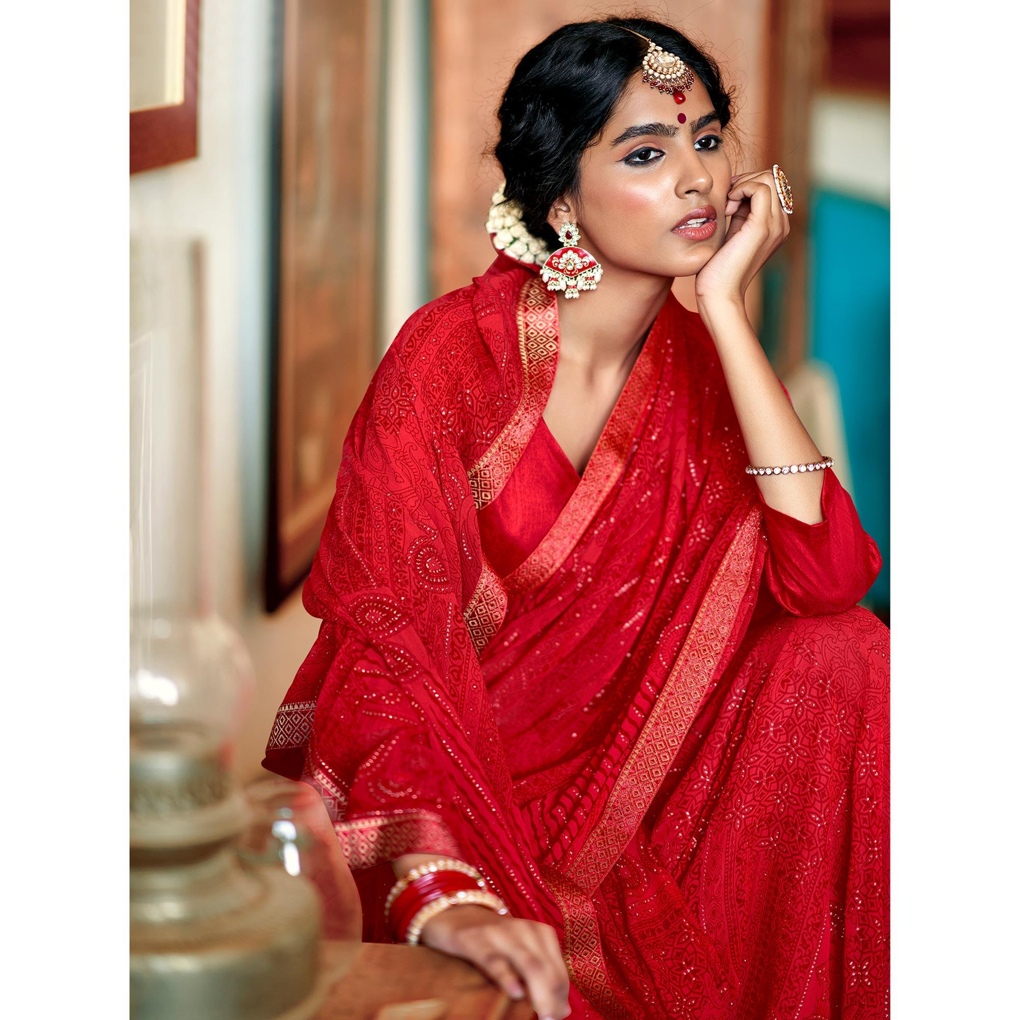 Red Casual Wear Printed With Fancy Lace Georgette Saree - Peachmode