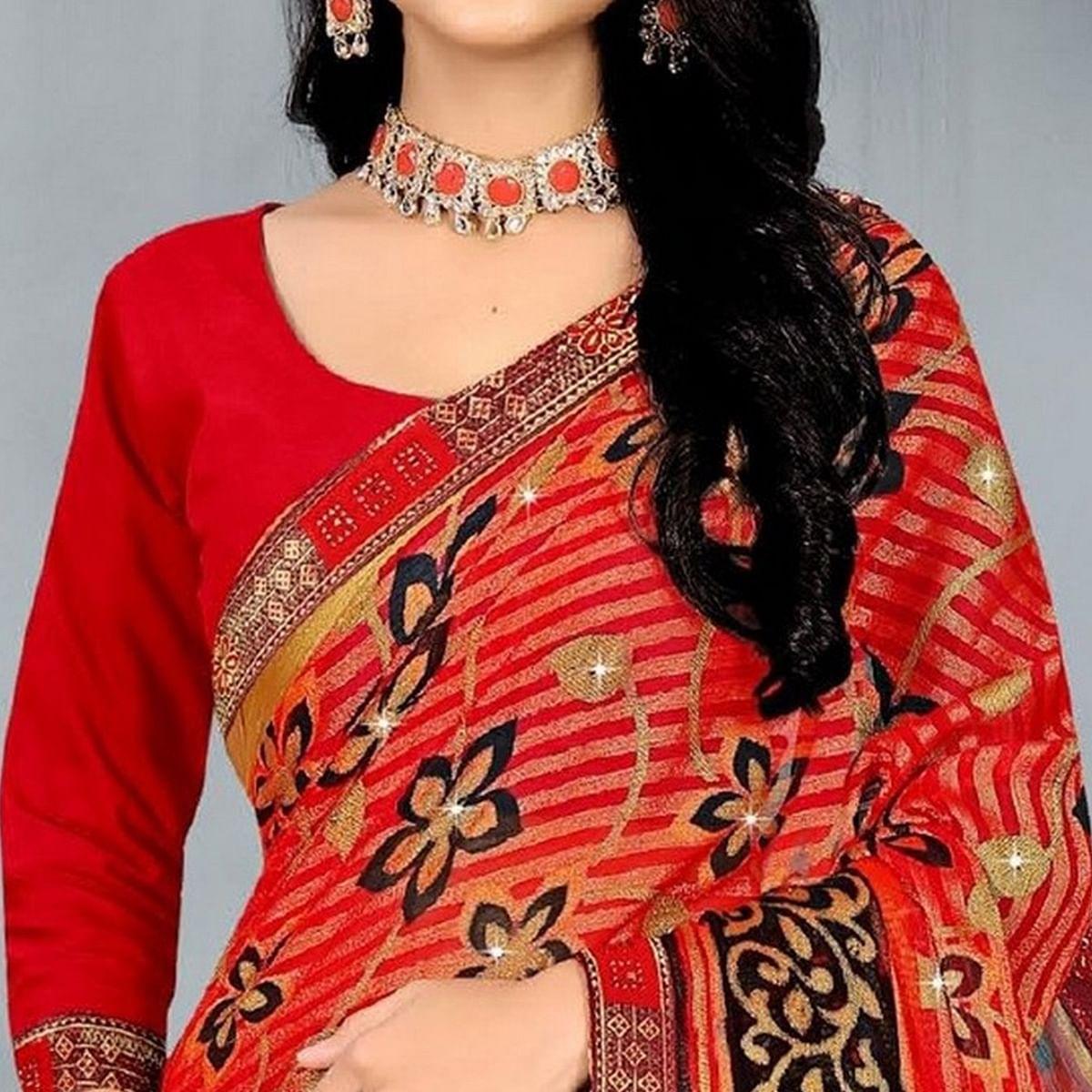 Red Casual Wear Printed With Stone Work Brasso Designer Saree - Peachmode