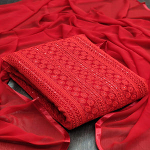 Red Casual Wear Sequence Embroidered Georgette Dress Material - Peachmode