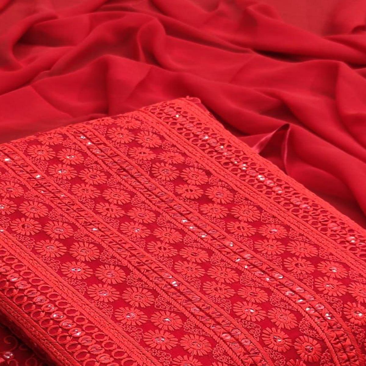 Red Casual Wear Sequence Embroidered Georgette Dress Material - Peachmode