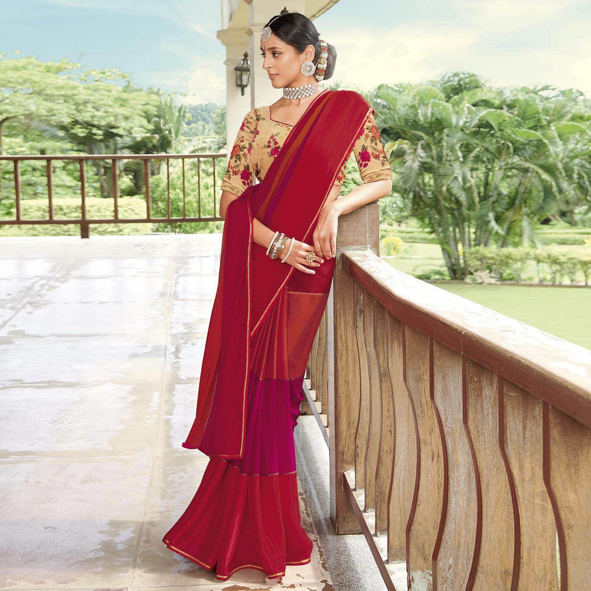 Red Casual Wear Solid Chiffon Saree - Peachmode