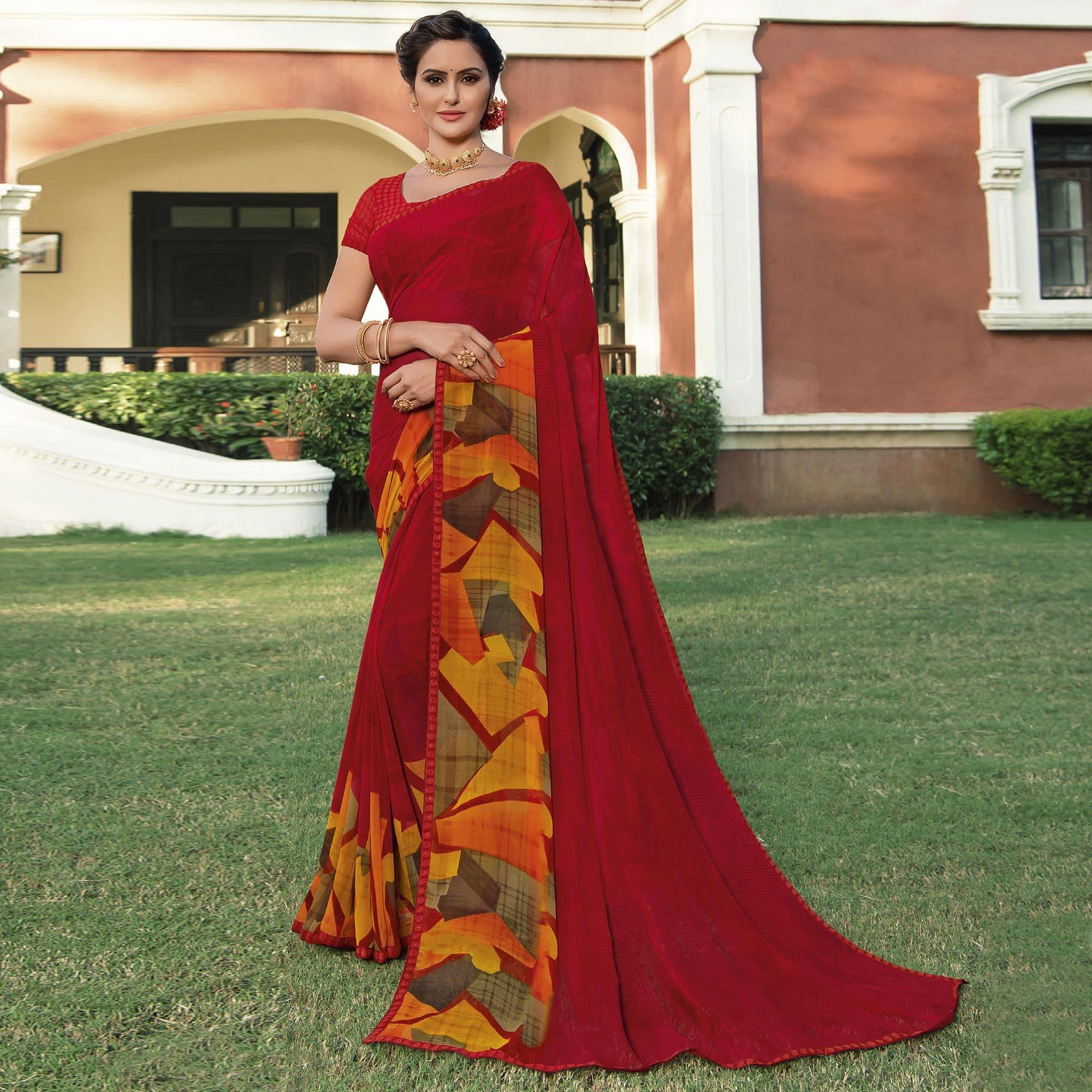 Red Casual Wear Solid Georgette Saree - Peachmode