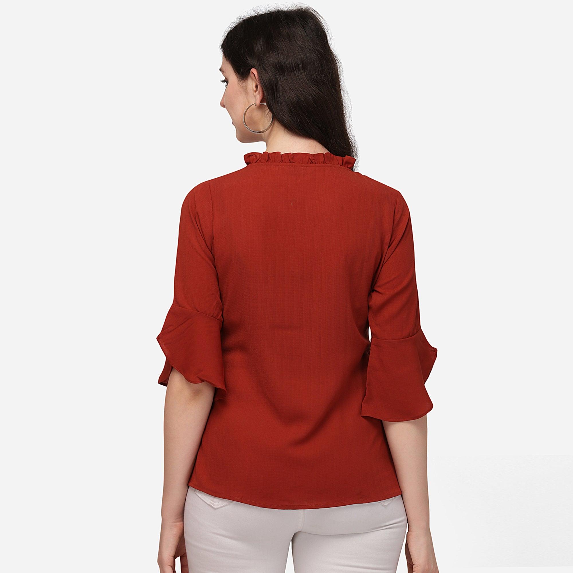 Red Casual Wear Solid Georgette Top - Peachmode