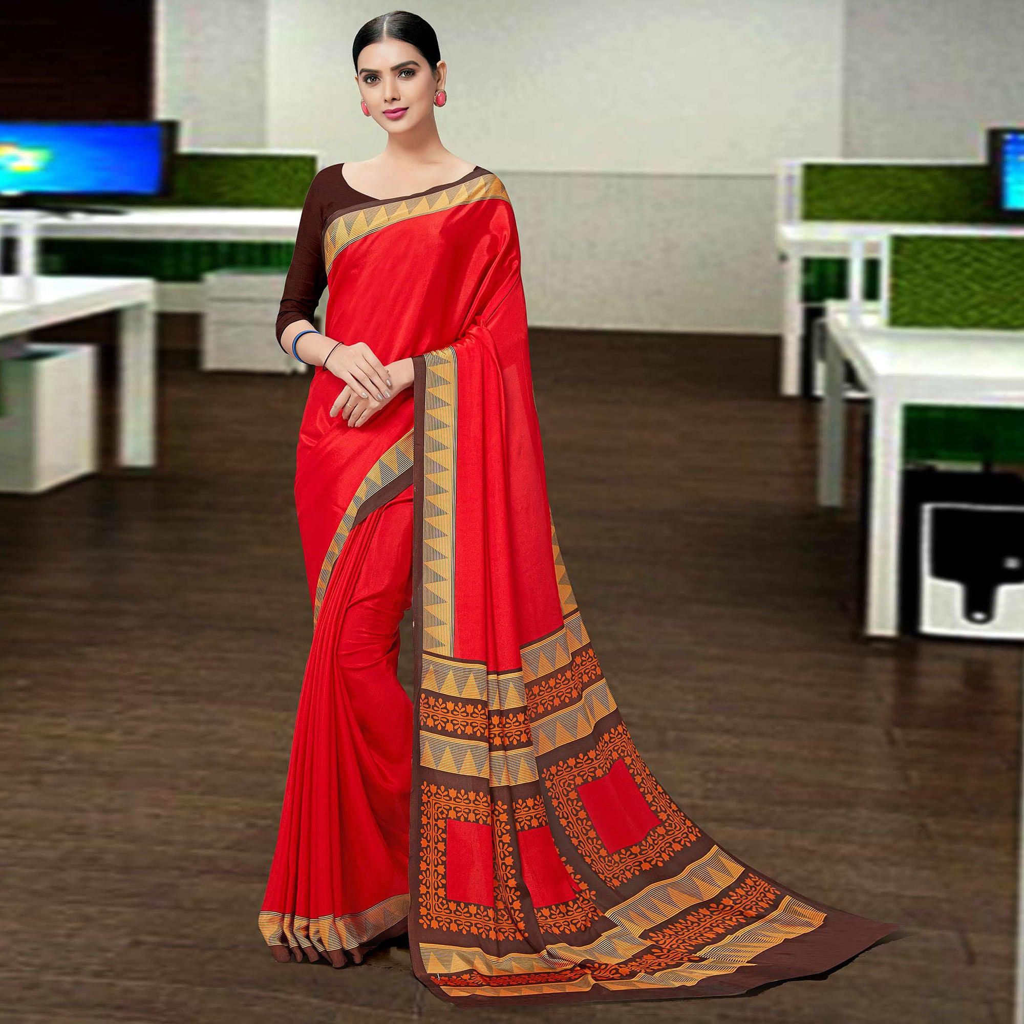 Red Casual Wear Solid Silk Saree - Peachmode