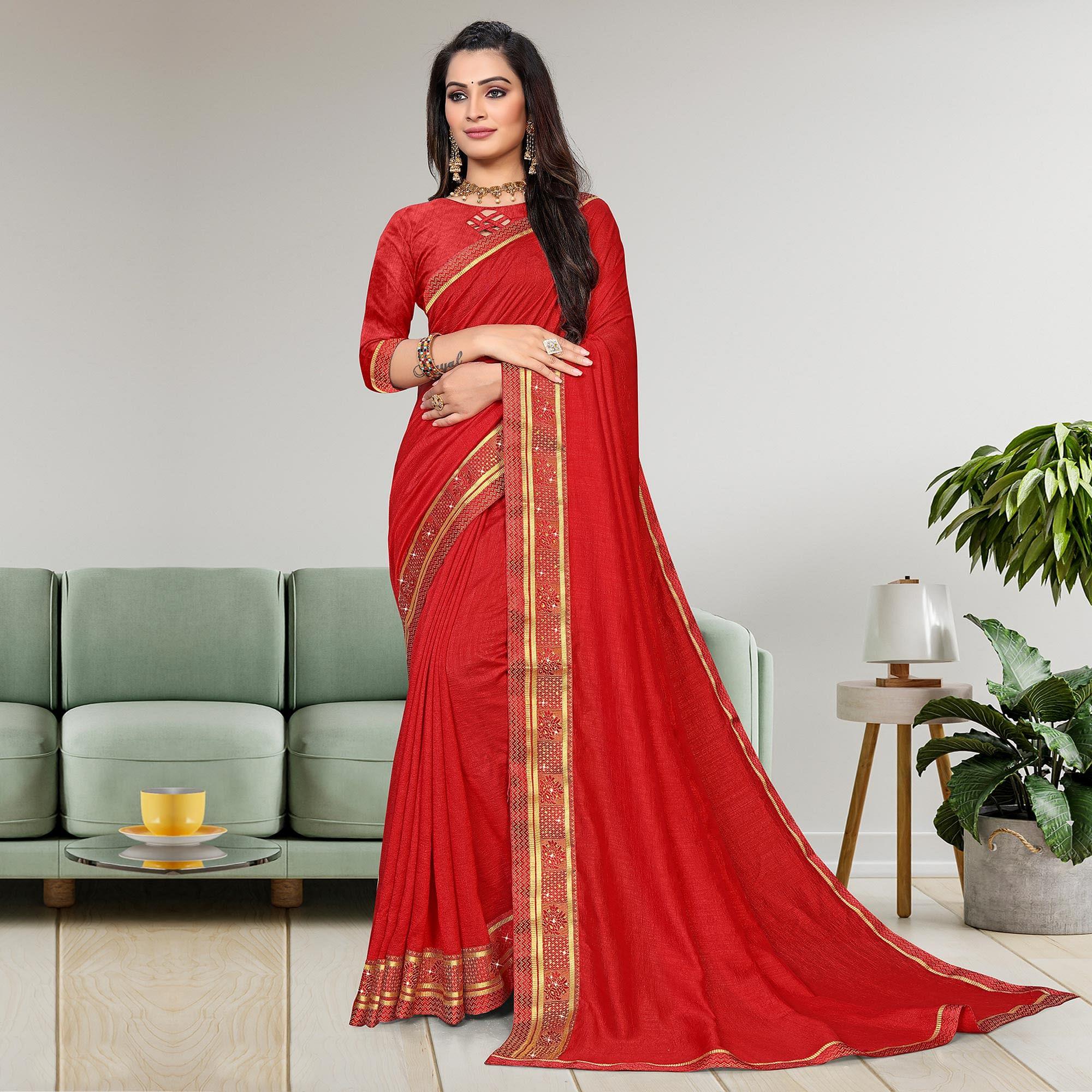 Red Casual Wear Solid Vichitra Silk Saree - Peachmode