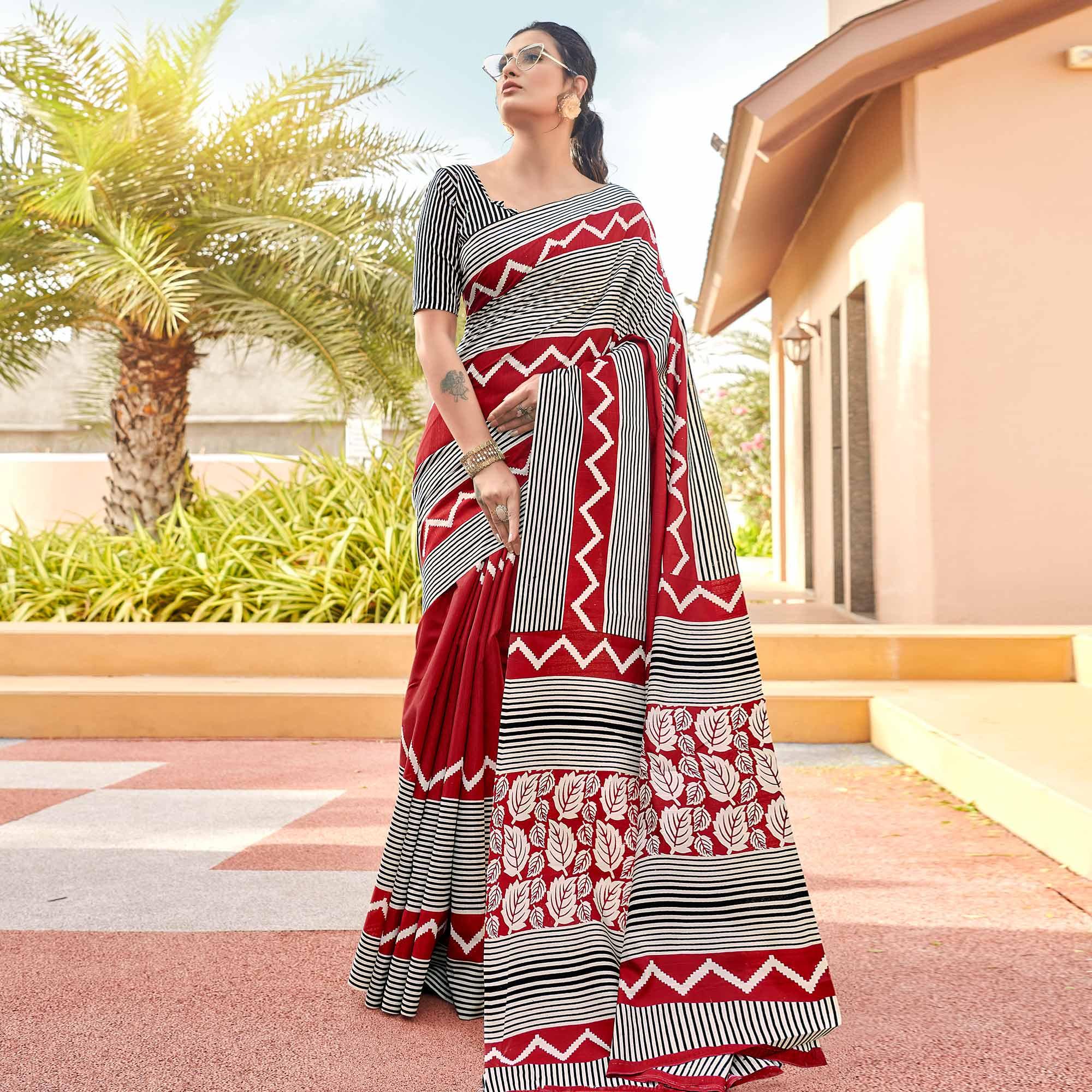 Red Casual Wear Striped Printed Bhagalpuri Silk Saree - Peachmode