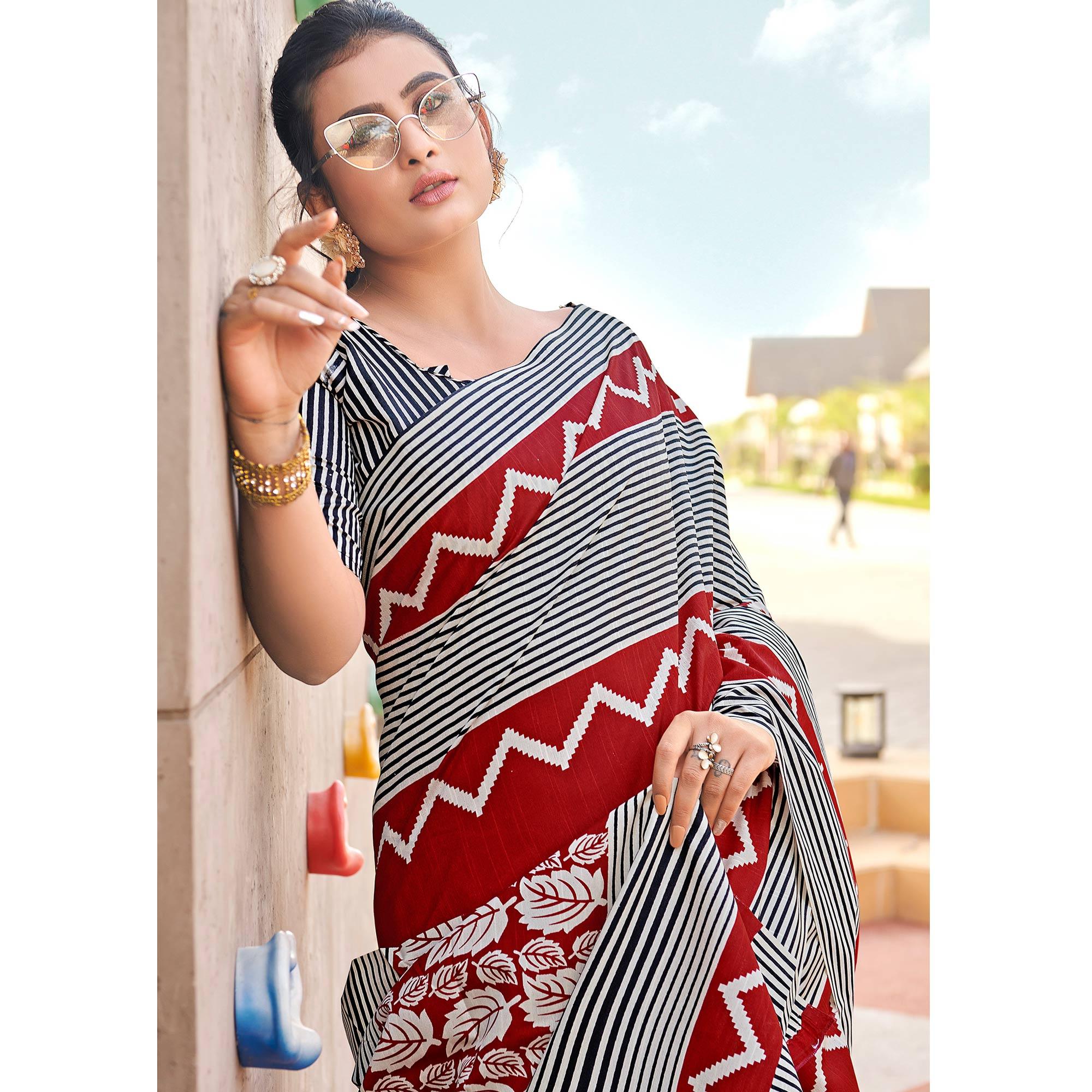 Red Casual Wear Striped Printed Bhagalpuri Silk Saree - Peachmode