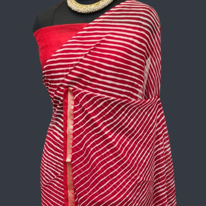 Red Casual Wear Stripes Printed Georgette Saree With Border - Peachmode
