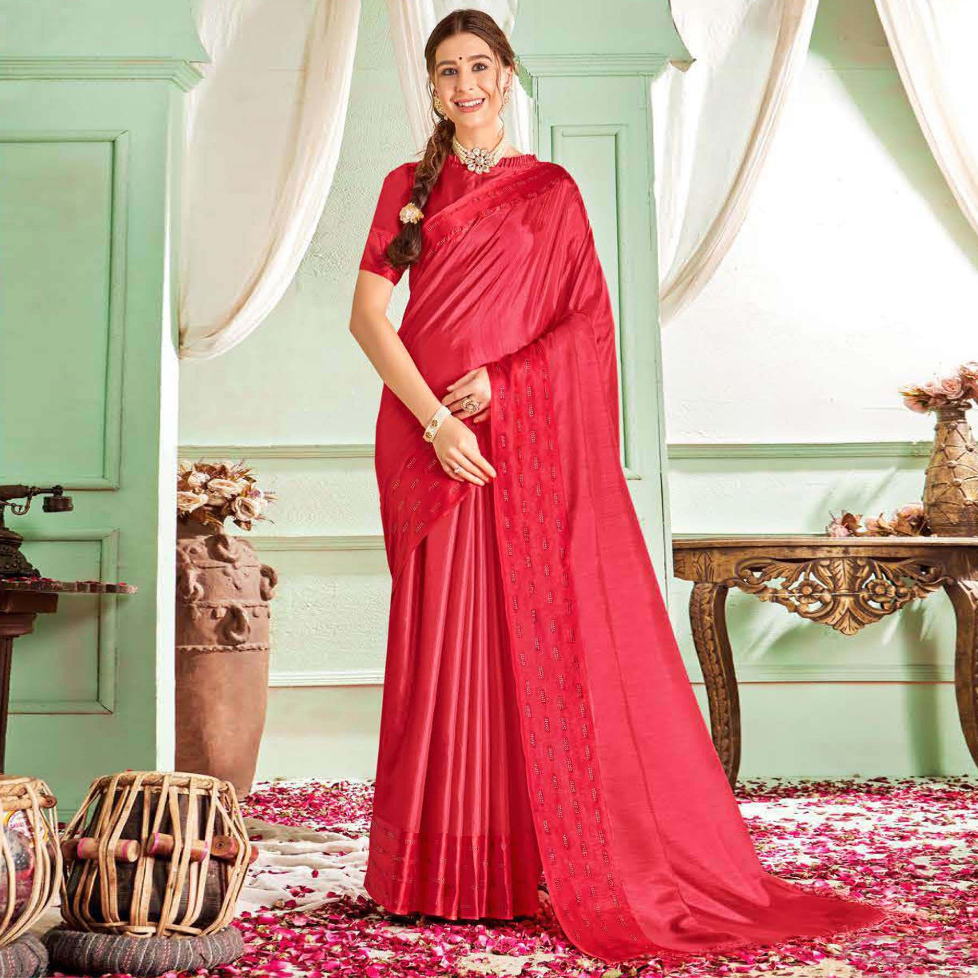 Red Casual Wear Sworski Work Dola Silk Saree - Peachmode