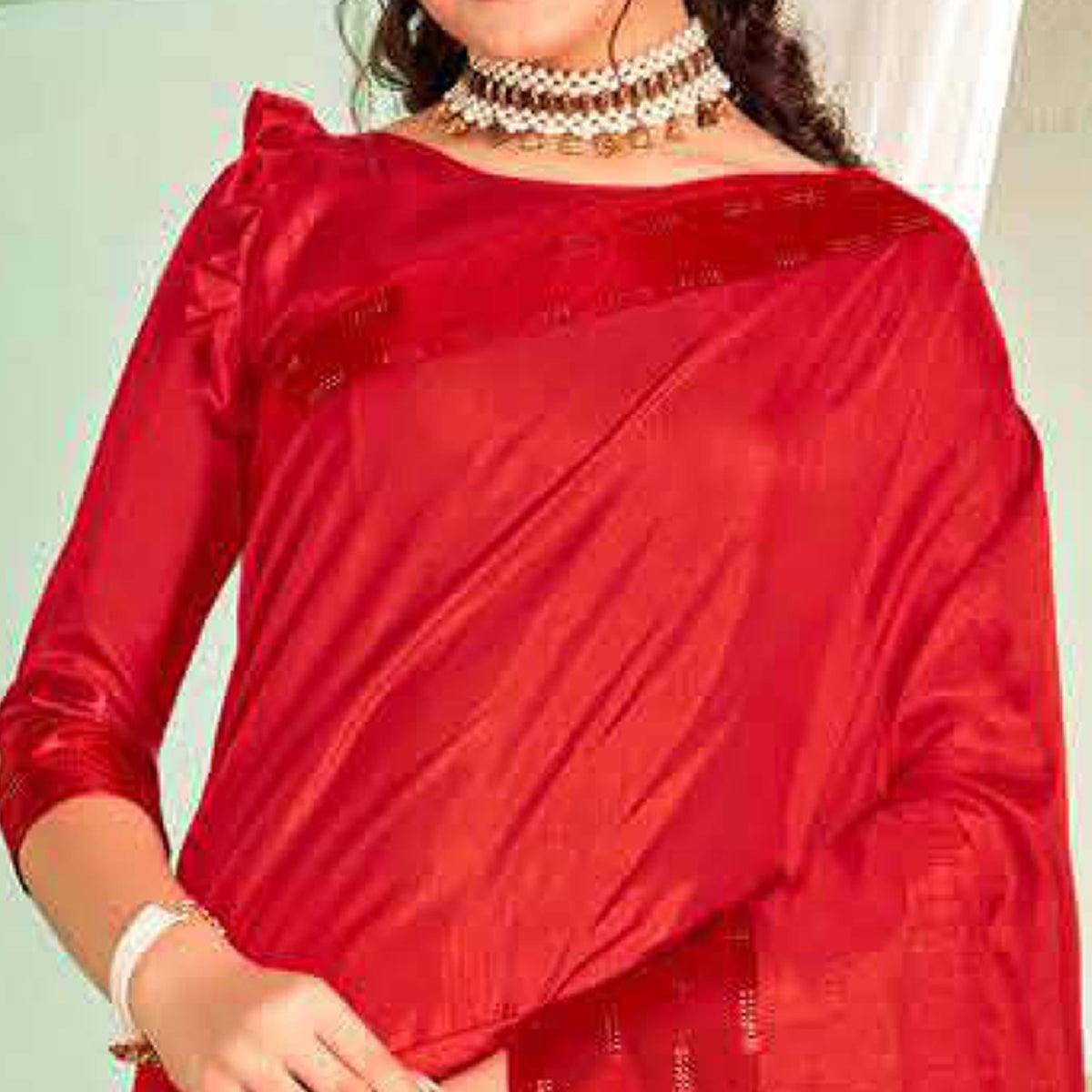 Red Casual Wear Sworski Work Dola Silk Saree - Peachmode