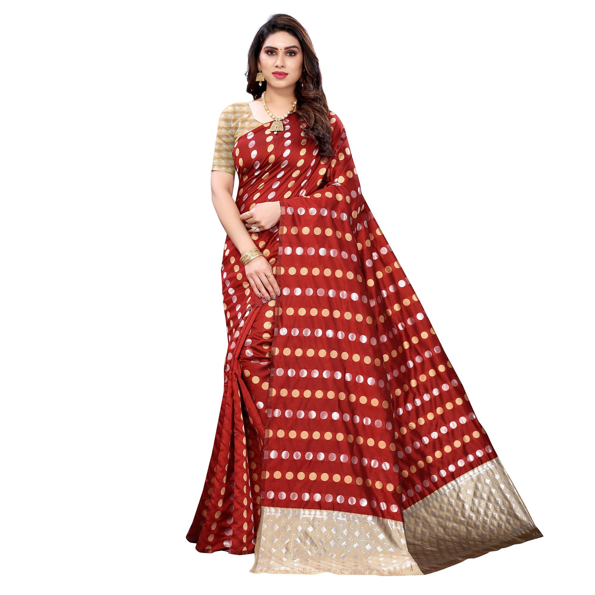 Red Casual Wear Woven Banarasi Silk Saree - Peachmode