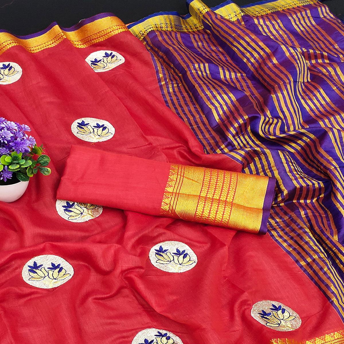 Red Casual Wear Woven Chanderi Silk Saree - Peachmode