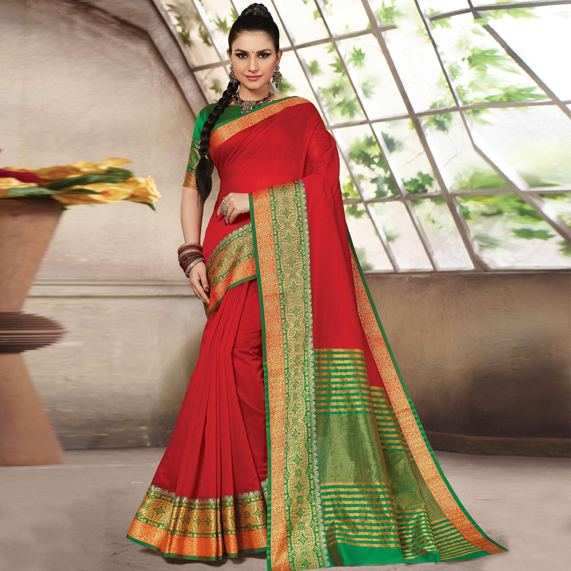 Red Casual Wear Woven Cotton Handloom Saree - Peachmode