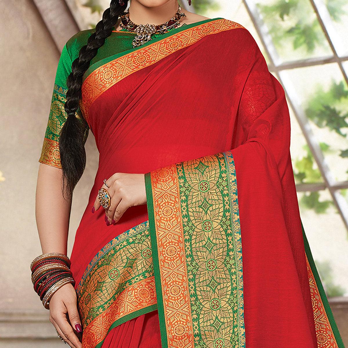 Red Casual Wear Woven Cotton Handloom Saree - Peachmode